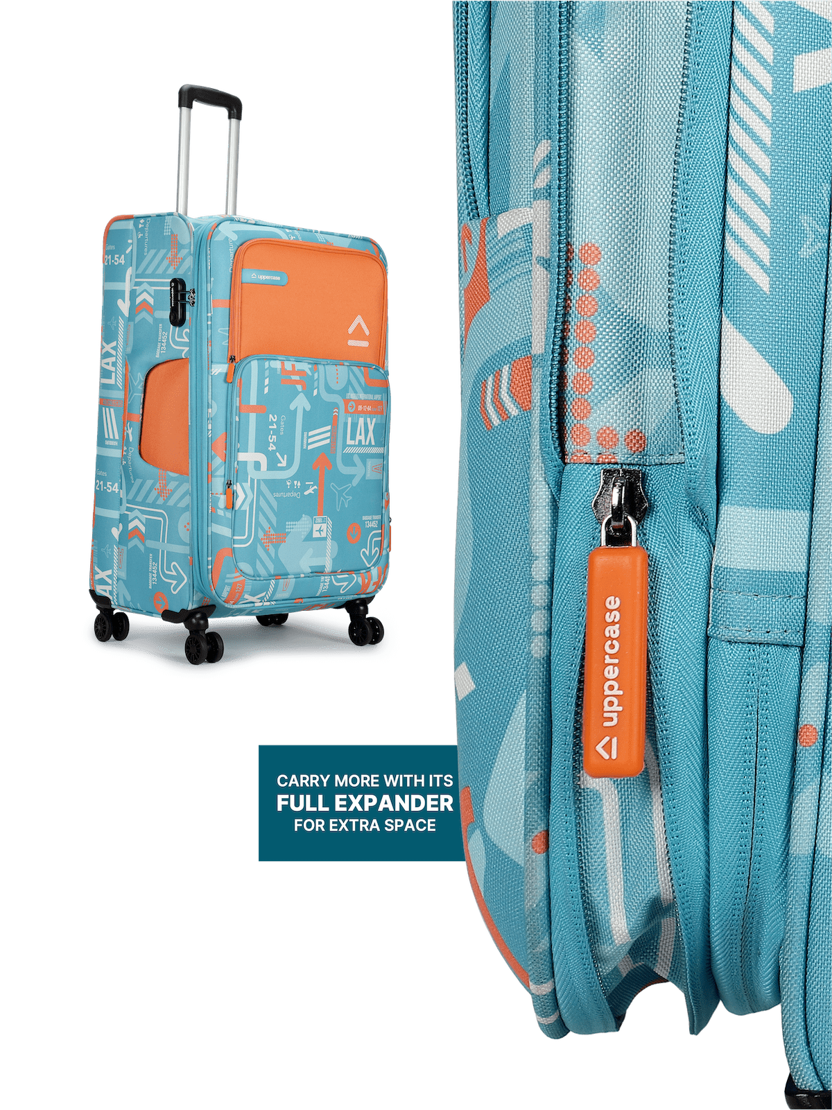 JFK Trolley Bag Set of 2 (S+M) | Sustainable Cabin & Check-in Luggage | Dust-Resistant Soft Printed Luggage | 8 Wheel Trolley Bag| Suitcase for Men & Women | 2500 Days Warranty  | Teal Blue