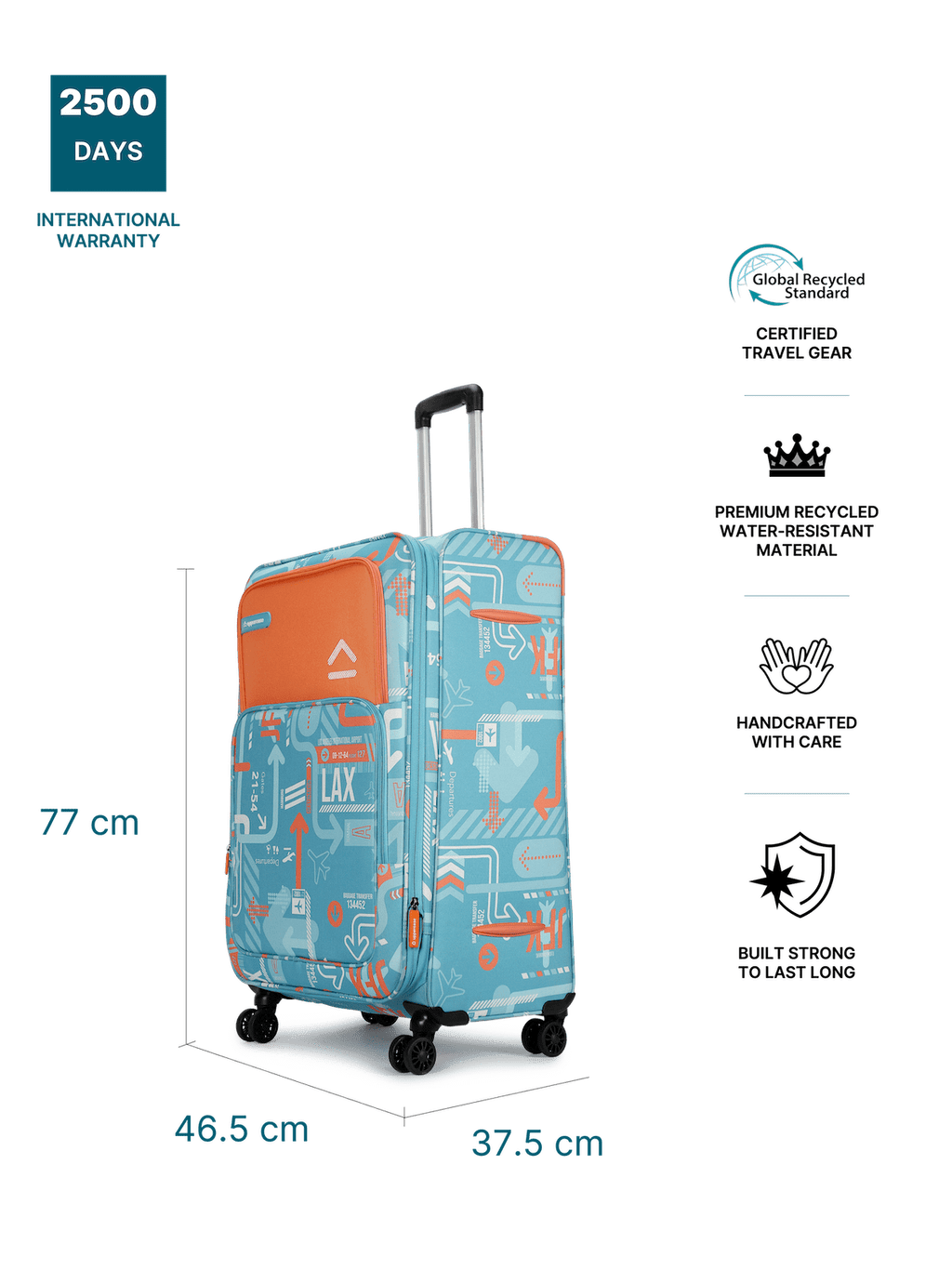 JFK Trolley Bag Set of 2 (S+M) | Sustainable Cabin & Check-in Luggage | Dust-Resistant Soft Printed Luggage | 8 Wheel Trolley Bag| Suitcase for Men & Women | 2500 Days Warranty  | Teal Blue