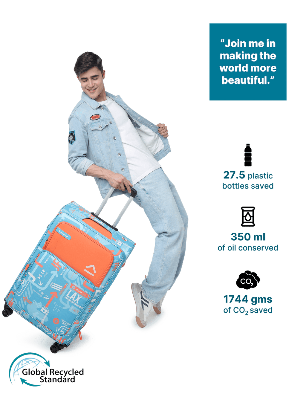 JFK Trolley Bag Set of 2 (S+M) | Sustainable Cabin & Check-in Luggage | Dust-Resistant Soft Printed Luggage | 8 Wheel Trolley Bag| Suitcase for Men & Women | 2500 Days Warranty  | Teal Blue