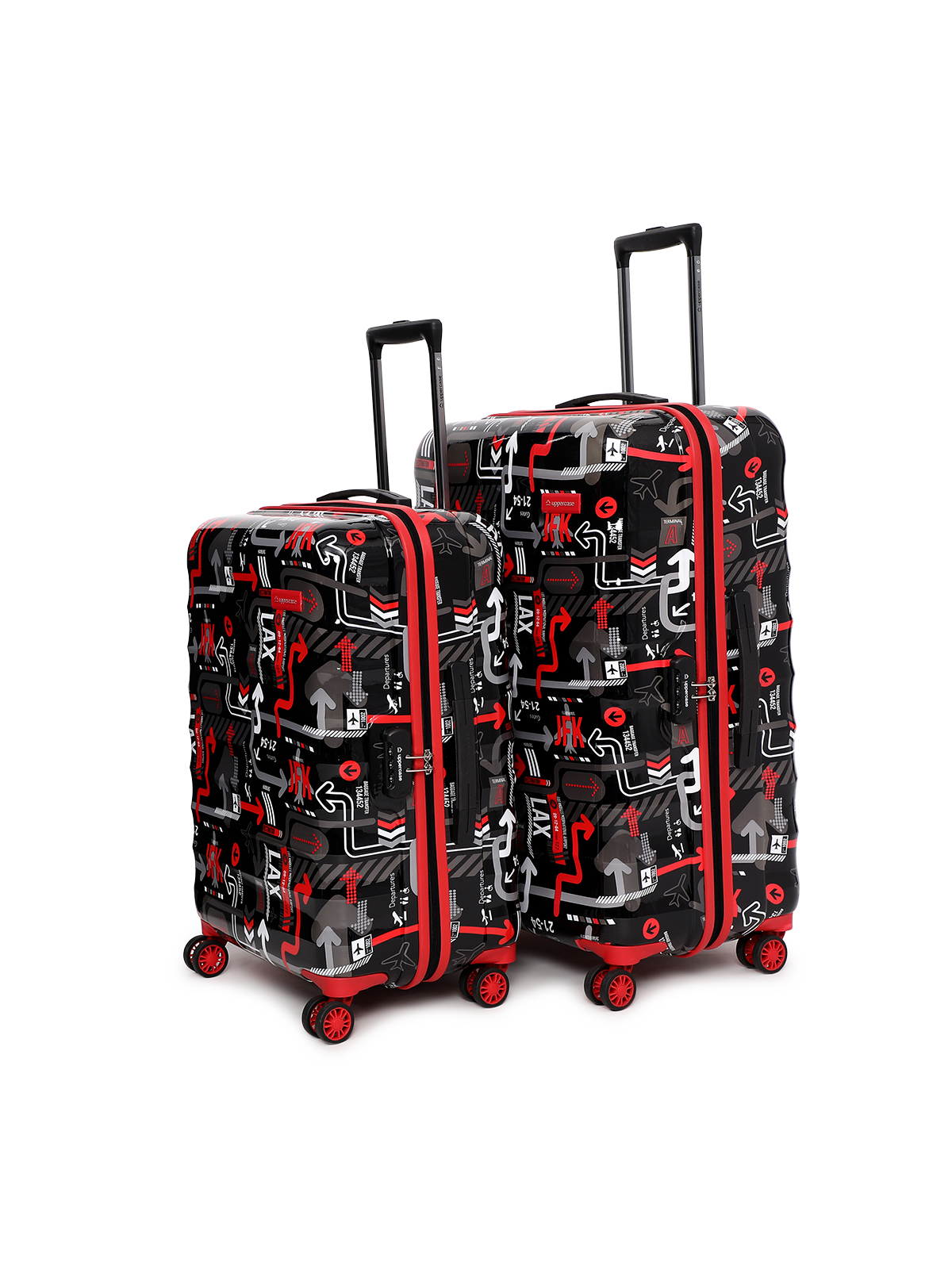 JFK Trolley Bag Set of 2 (S+M) | Hardsided Polycarbonate Printed Luggage | 8 wheel Cabin & Check-in Trolley Bag | Suitcase for Men & Women | 2000 Days Warranty (Black)
