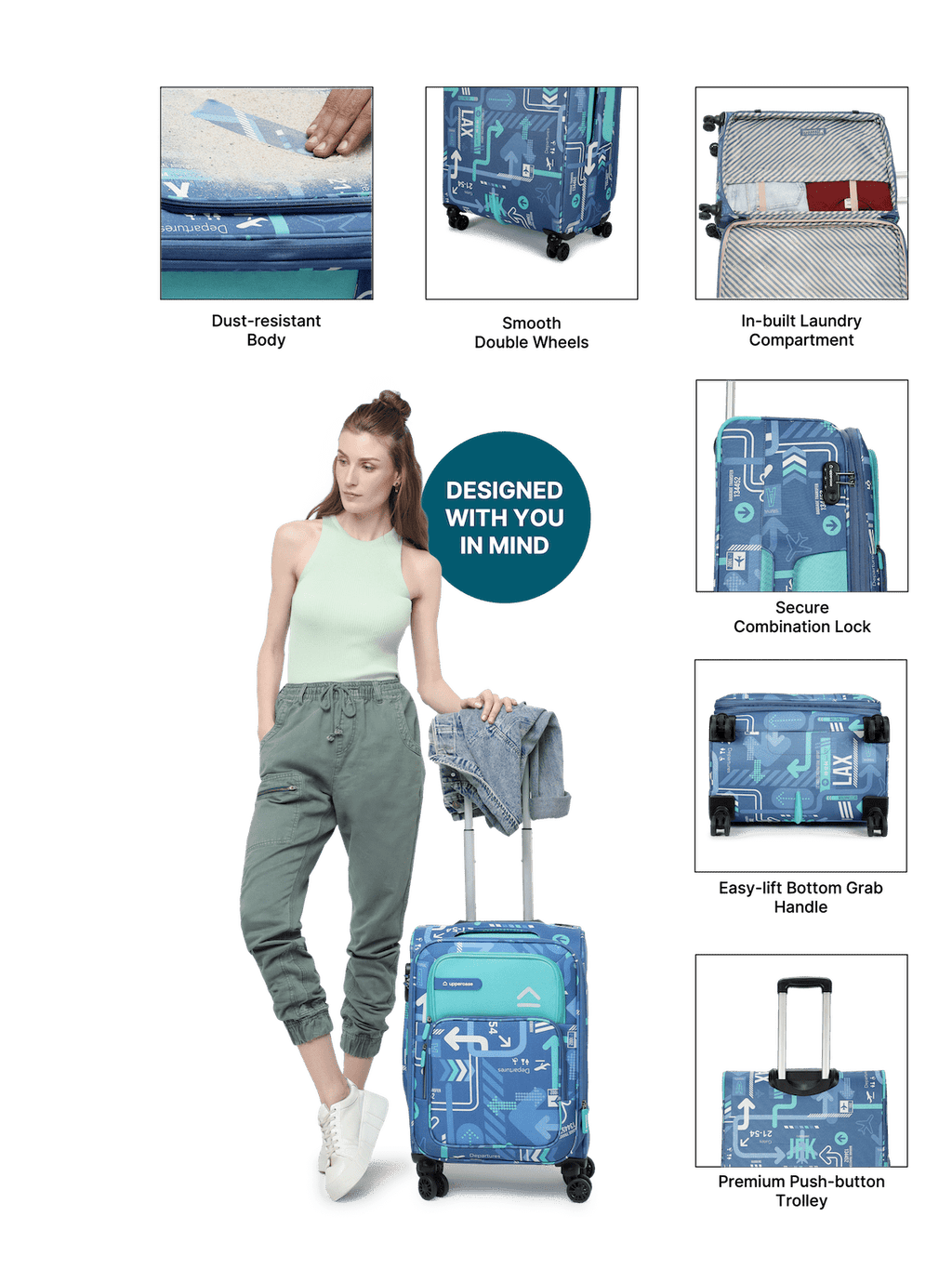 JFK (Cabin + Large) Set of 2 Check-in Eco Soft Trolley Bag, Travel Suitcase for Men and Women (Denim Blue) 12000EST1DBL