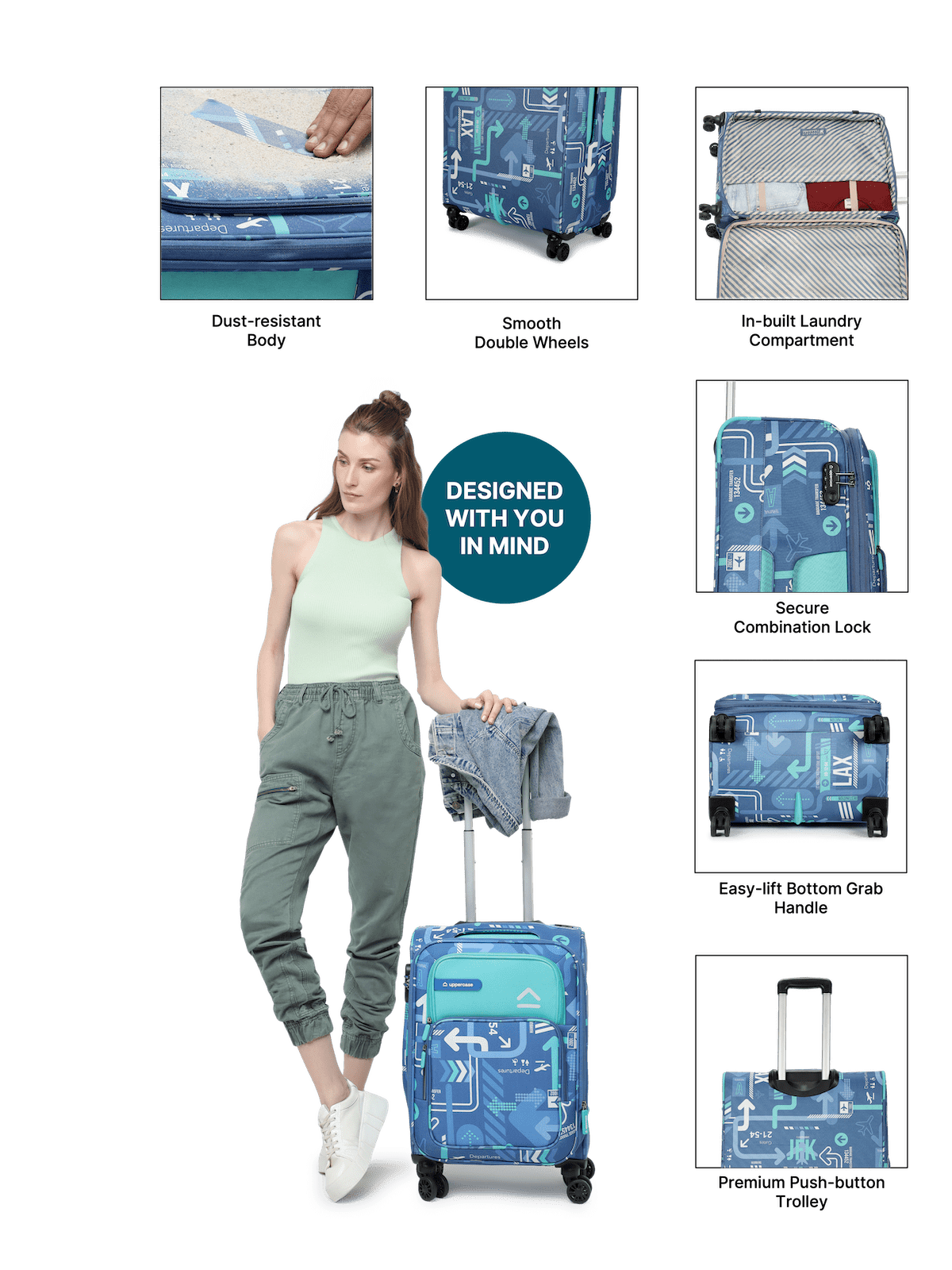 JFK (Cabin + Large) Set of 2 Check-in Eco Soft Trolley Bag, Travel Suitcase for Men and Women (Denim Blue) 12000EST1DBL