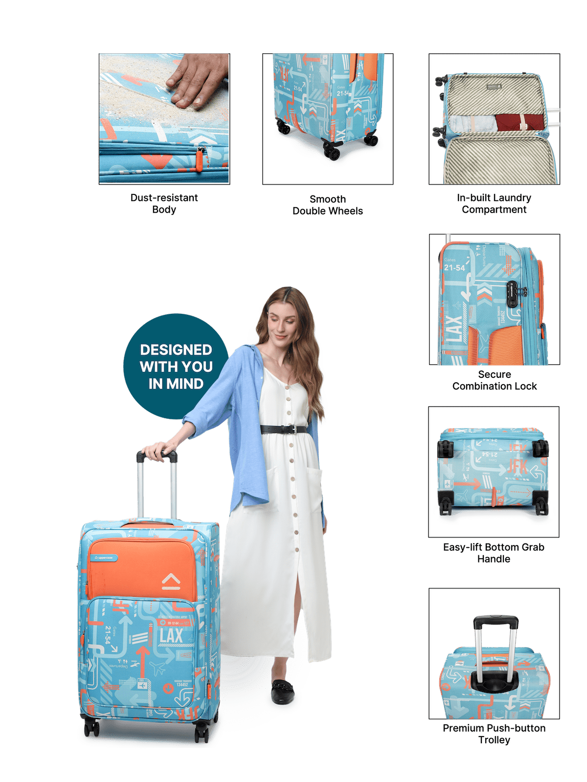 JFK (Cabin + Large) Set of 2 Check-in Eco Soft Trolley Bag, Travel Suitcase for Men and Women (Teal Blue) 12000EST1TBL