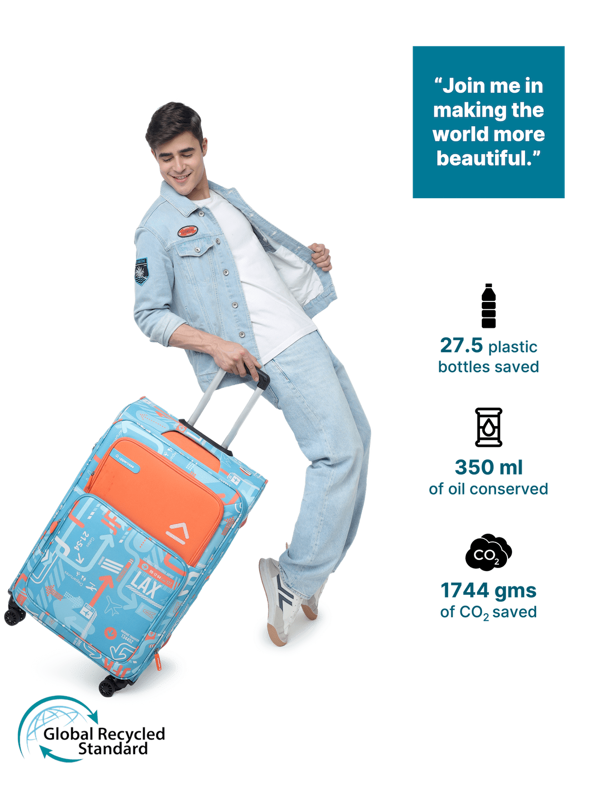 JFK (Cabin + Large) Set of 2 Check-in Eco Soft Trolley Bag, Travel Suitcase for Men and Women (Teal Blue) 12000EST1TBL
