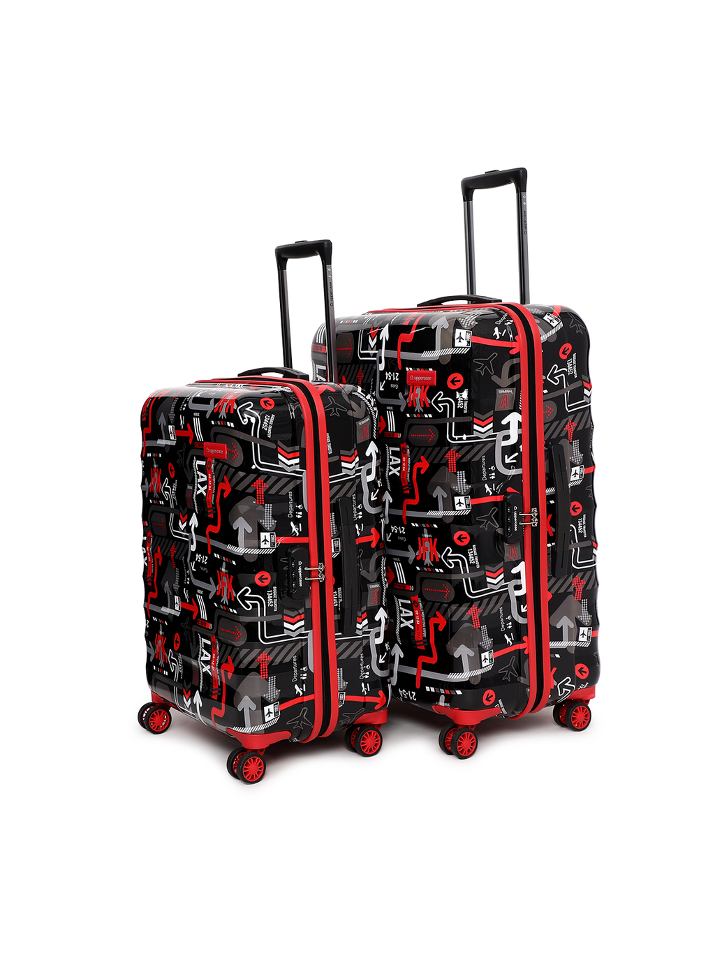 JFK Trolley Bag Set of 2 (M+L) | Hardsided Polycarbonate Printed Luggage | Sustainable Check-in Luggage | 8 wheel Trolley Bag | Suitcase for Men & Women | 2000 Days Warranty (Black)