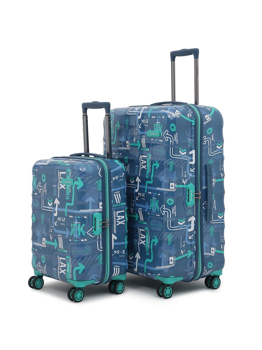 JFK Trolley Bag Set of 2 (M+L) | Hardsided Polycarbonate Printed Luggage | Sustainable Check-in Luggage | 8 wheel Trolley Bag | Suitcase for Men & Women | 2000 Days Warranty (Denim Blue)