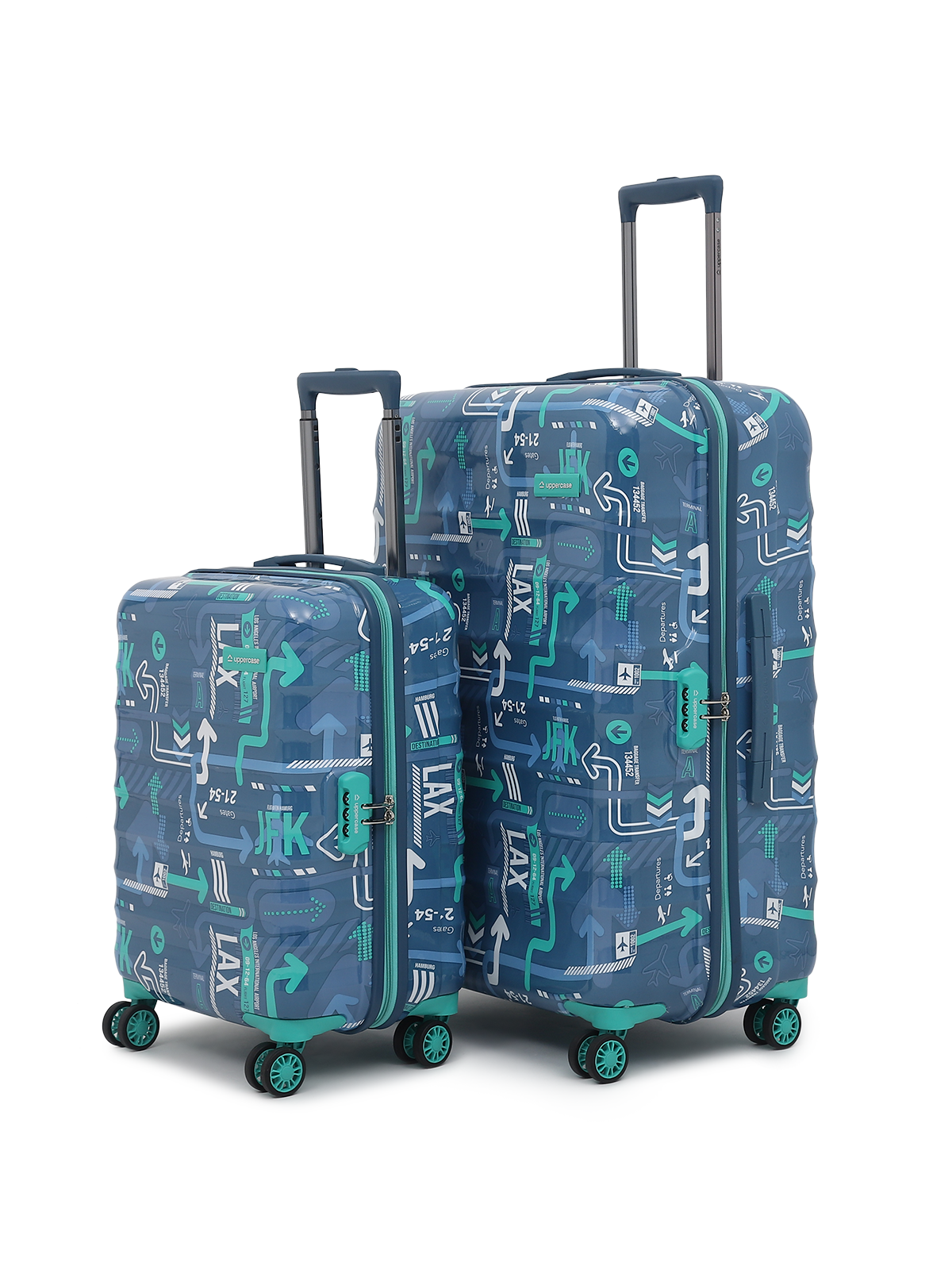 JFK Trolley Bag Set of 2 (M+L) | Hardsided Polycarbonate Printed Luggage | Sustainable Check-in Luggage | 8 wheel Trolley Bag | Suitcase for Men & Women | 2000 Days Warranty (Denim Blue)