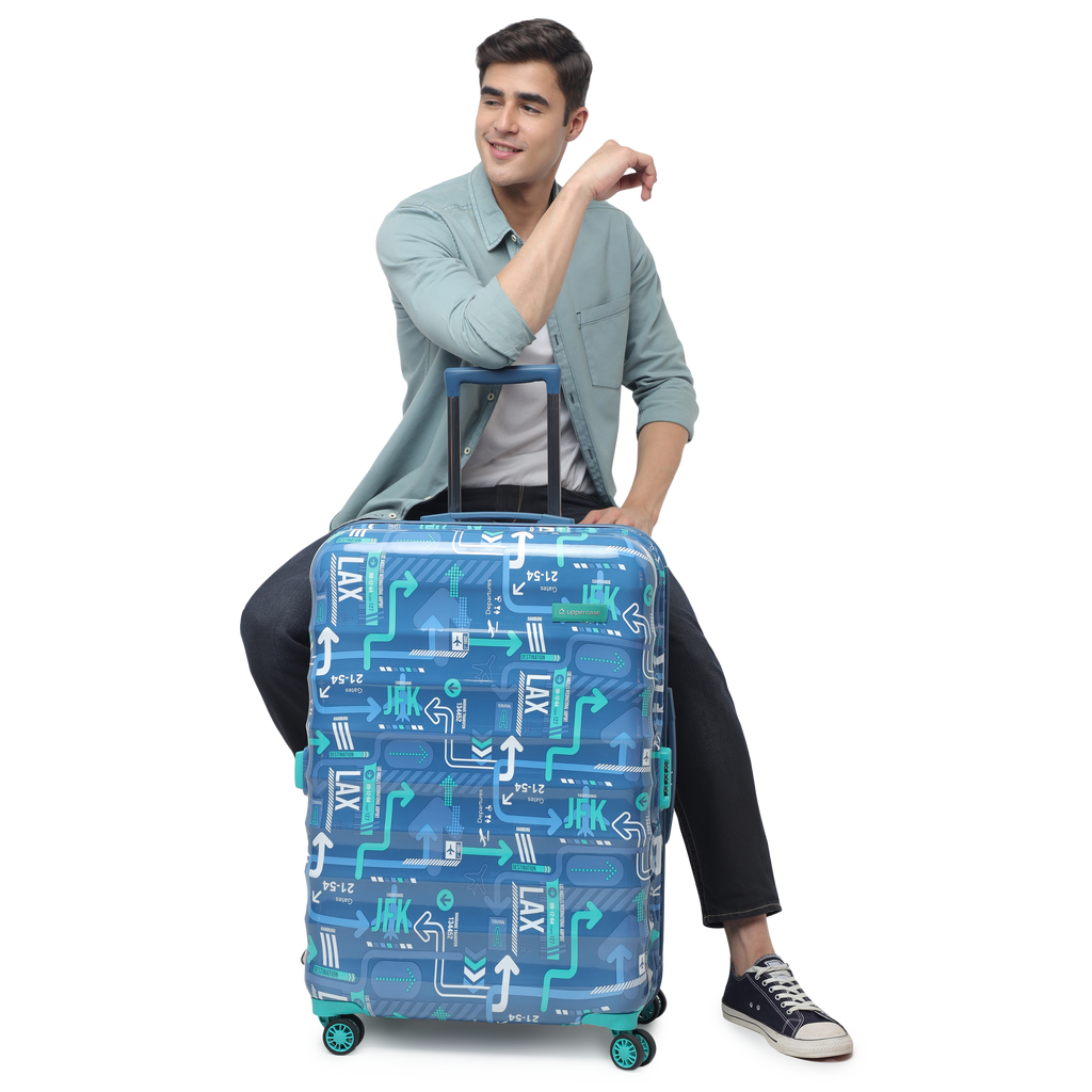 JFK Trolley Bag Set of 2 (M+L) | Hardsided Polycarbonate Printed Luggage | Sustainable Check-in Luggage | 8 wheel Trolley Bag | Suitcase for Men & Women | 2000 Days Warranty (Denim Blue)