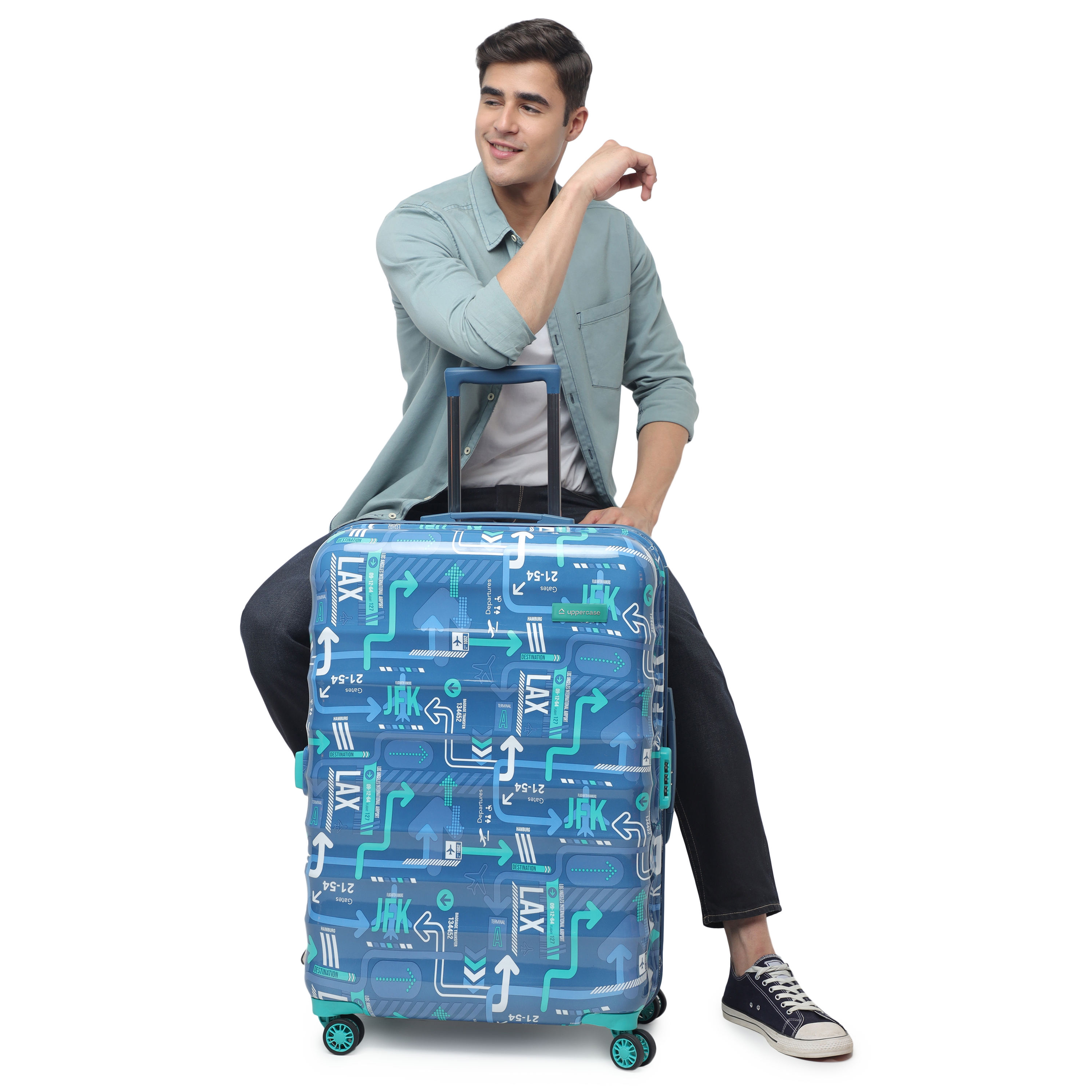 JFK Trolley Bag Set of 2 (M+L) | Hardsided Polycarbonate Printed Luggage | Sustainable Check-in Luggage | 8 wheel Trolley Bag | Suitcase for Men & Women | 2000 Days Warranty (Denim Blue)
