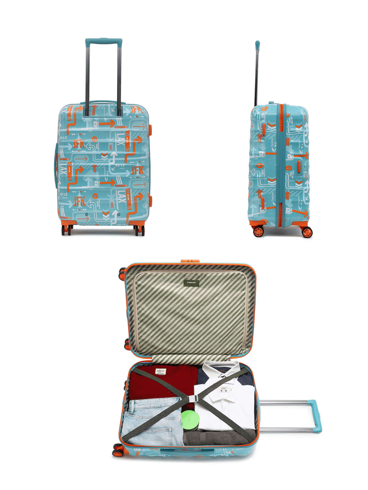 JFK Trolley Bag Set of 2 (M+L) | Hardsided Polycarbonate Printed Luggage | Sustainable Check-in Luggage | 8 wheel Trolley Bag | Suitcase for Men & Women | 2000 Days Warranty (Teal Blue)