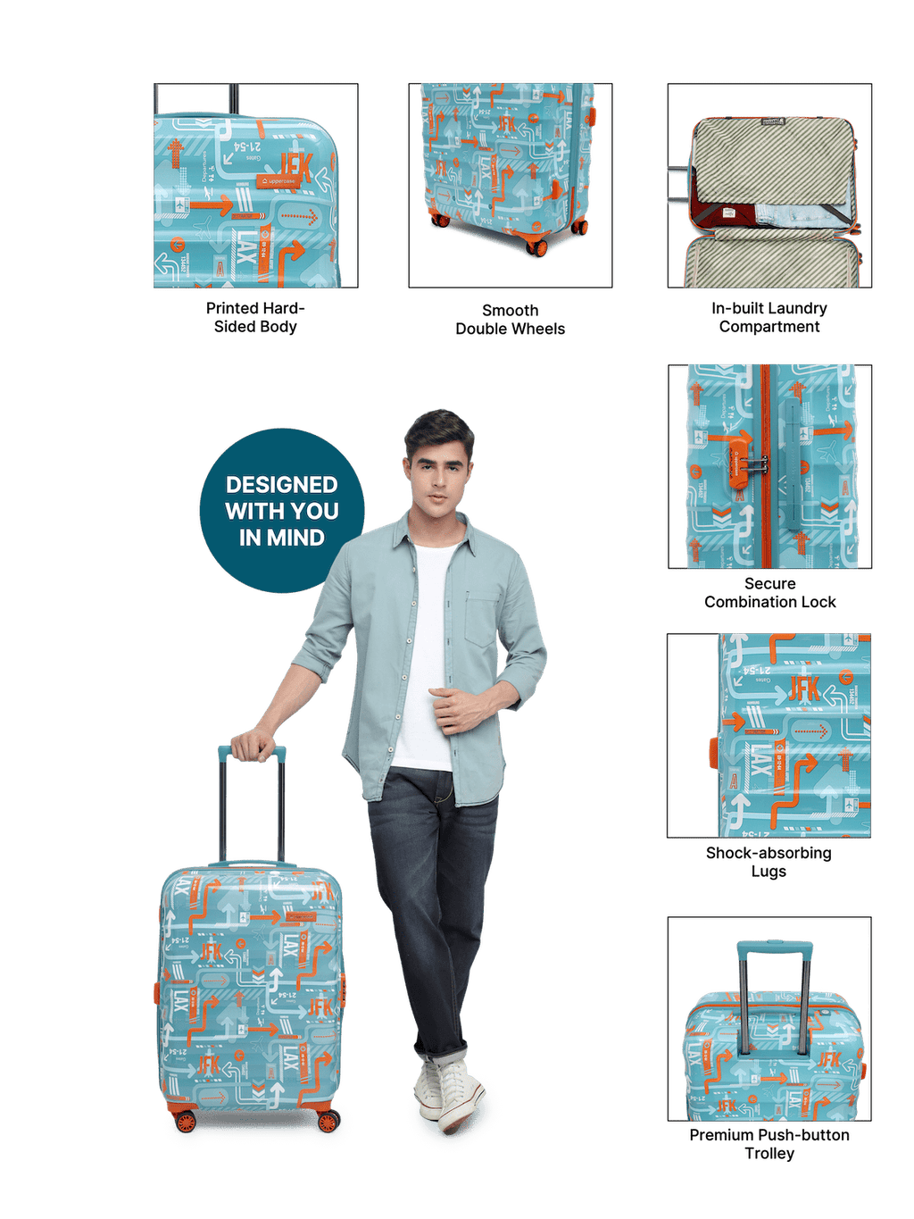 JFK Trolley Bag Set of 2 (M+L) | Hardsided Polycarbonate Printed Luggage | Sustainable Check-in Luggage | 8 wheel Trolley Bag | Suitcase for Men & Women | 2000 Days Warranty (Teal Blue)