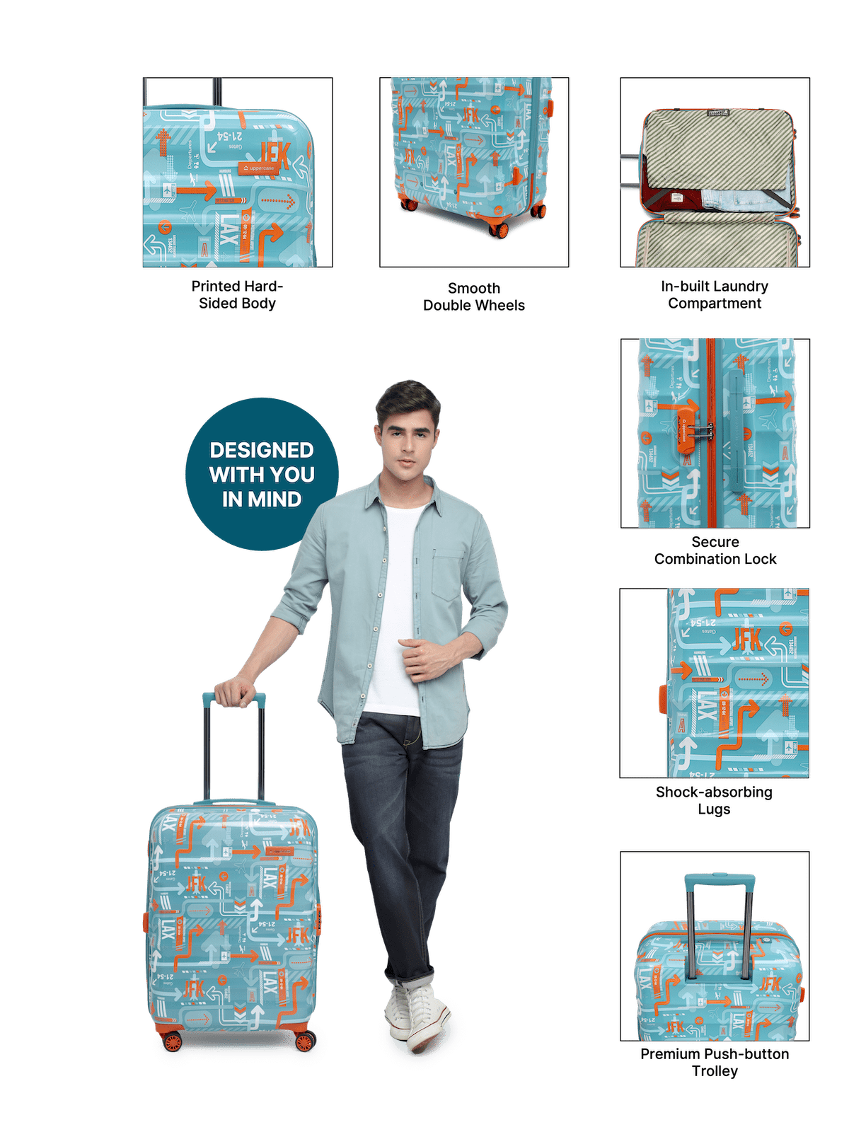 JFK Trolley Bag Set of 2 (M+L) | Hardsided Polycarbonate Printed Luggage | Sustainable Check-in Luggage | 8 wheel Trolley Bag | Suitcase for Men & Women | 2000 Days Warranty (Teal Blue)