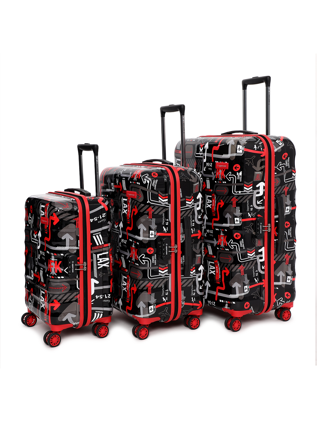 JFK Trolley Bag Set of 3 (S+M+L) | Hardsided Polycarbonate Printed Cabin & Check-in Luggage | Sustainable 8 wheel Trolley Bag | Suitcase for Men & Women | 2000 Days Warranty (Black)