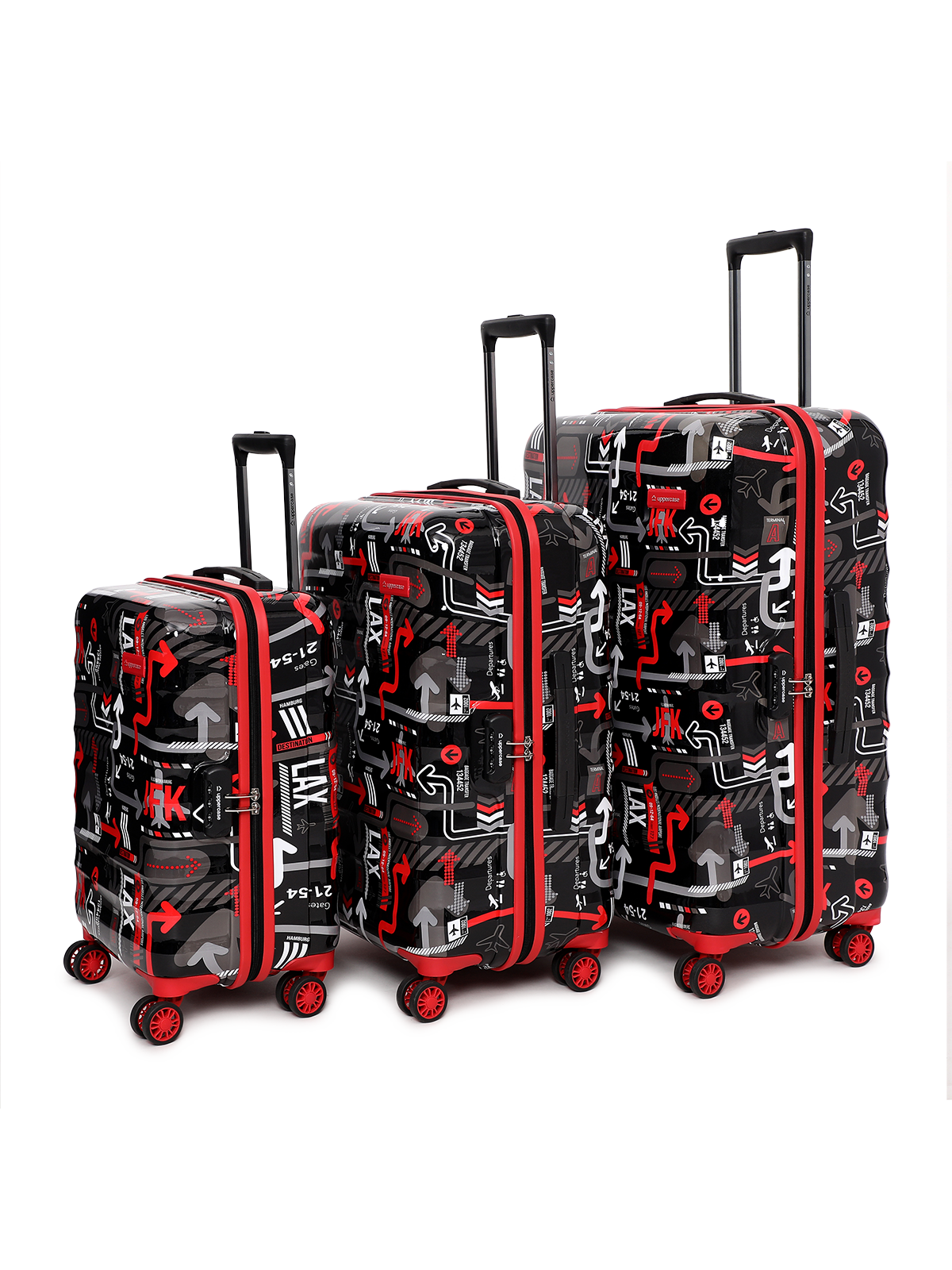 JFK Trolley Bag Set of 3 (S+M+L) | Hardsided Polycarbonate Printed Cabin & Check-in Luggage | Sustainable 8 wheel Trolley Bag | Suitcase for Men & Women | 2000 Days Warranty (Black)