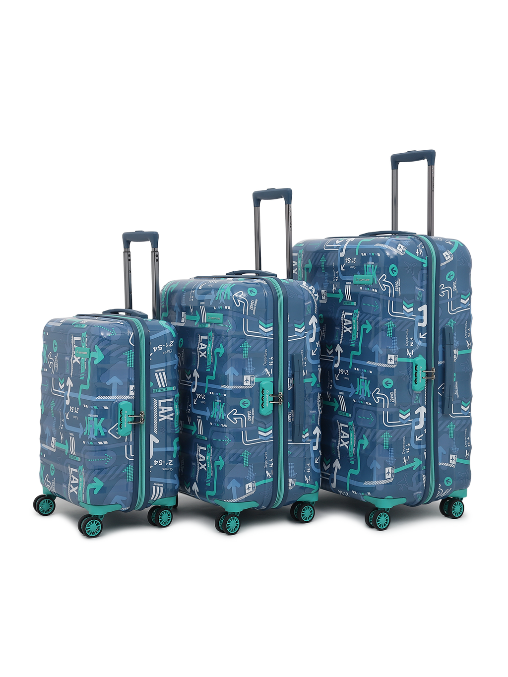 JFK Trolley Bag Set of 3 (S+M+L) | Hardsided Polycarbonate Printed Cabin & Check-in Luggage | Sustainable 8 wheel Trolley Bag | Suitcase for Men & Women | 2000 Days Warranty (Denim Blue)