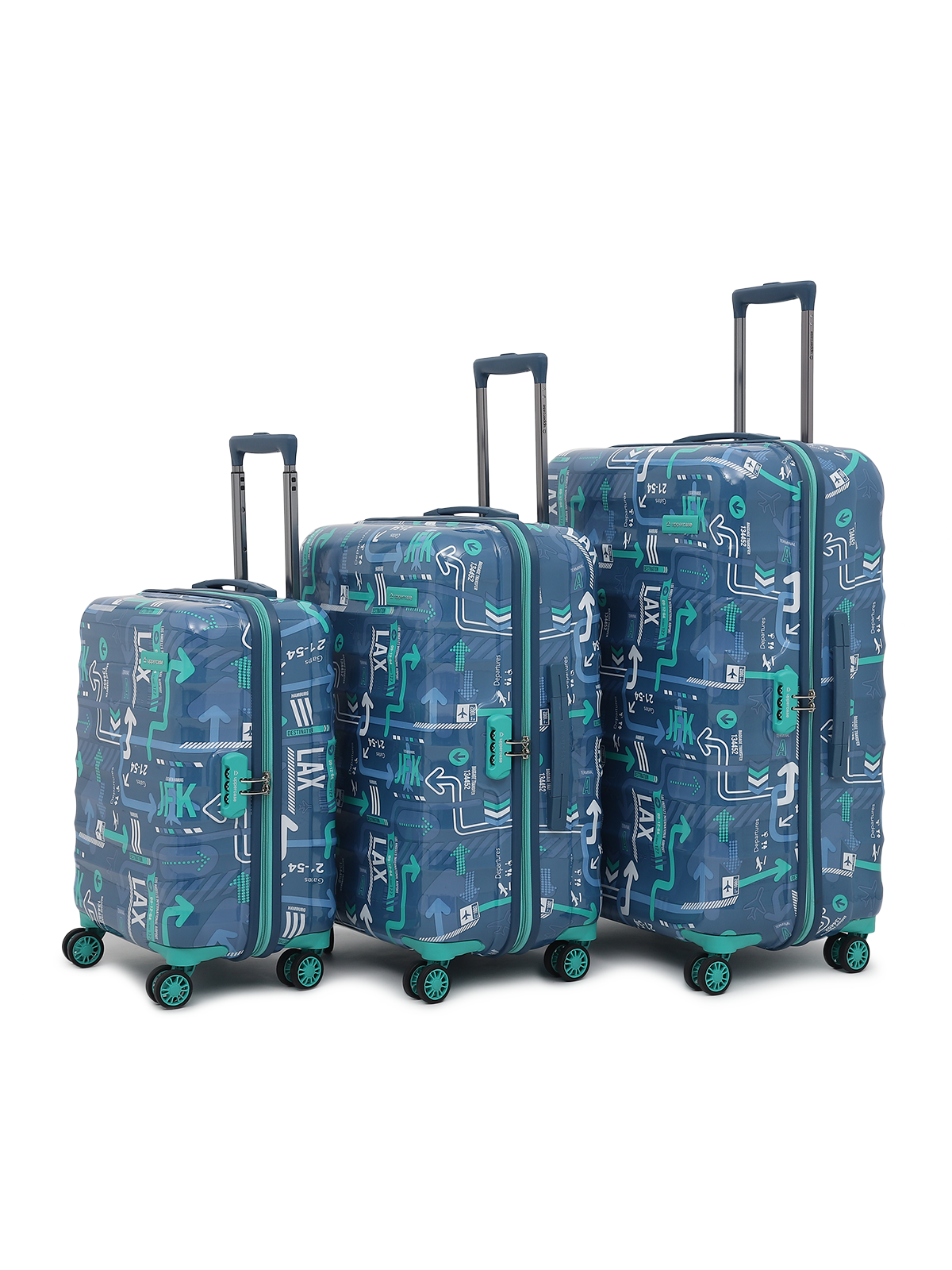 JFK Trolley Bag Set of 3 (S+M+L) | Hardsided Polycarbonate Printed Cabin & Check-in Luggage | Sustainable 8 wheel Trolley Bag | Suitcase for Men & Women | 2000 Days Warranty (Denim Blue)