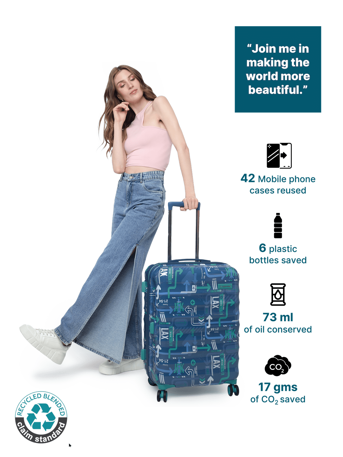 JFK Trolley Bag Set of 3 (S+M+L) | Hardsided Polycarbonate Printed Cabin & Check-in Luggage | Sustainable 8 wheel Trolley Bag | Suitcase for Men & Women | 2000 Days Warranty (Denim Blue)