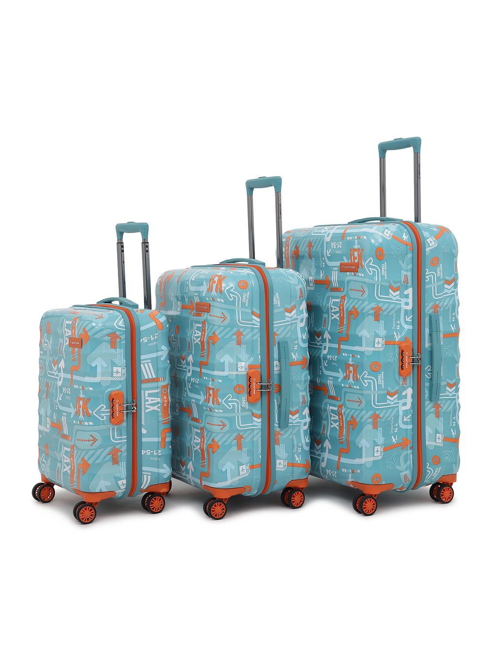 JFK Trolley Bag Set of 3 (S+M+L) | Hardsided Polycarbonate Printed Cabin & Check-in Luggage | Sustainable 8 wheel Trolley Bag | Suitcase for Men & Women | 2000 Days Warranty (Teal Blue)