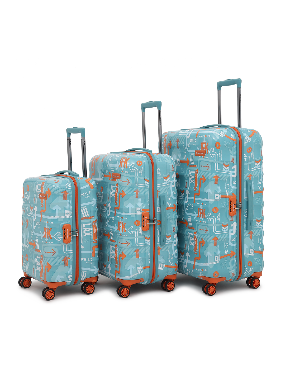JFK Trolley Bag Set of 3 (S+M+L) | Hardsided Polycarbonate Printed Cabin & Check-in Luggage | Sustainable 8 wheel Trolley Bag | Suitcase for Men & Women | 2000 Days Warranty (Teal Blue)