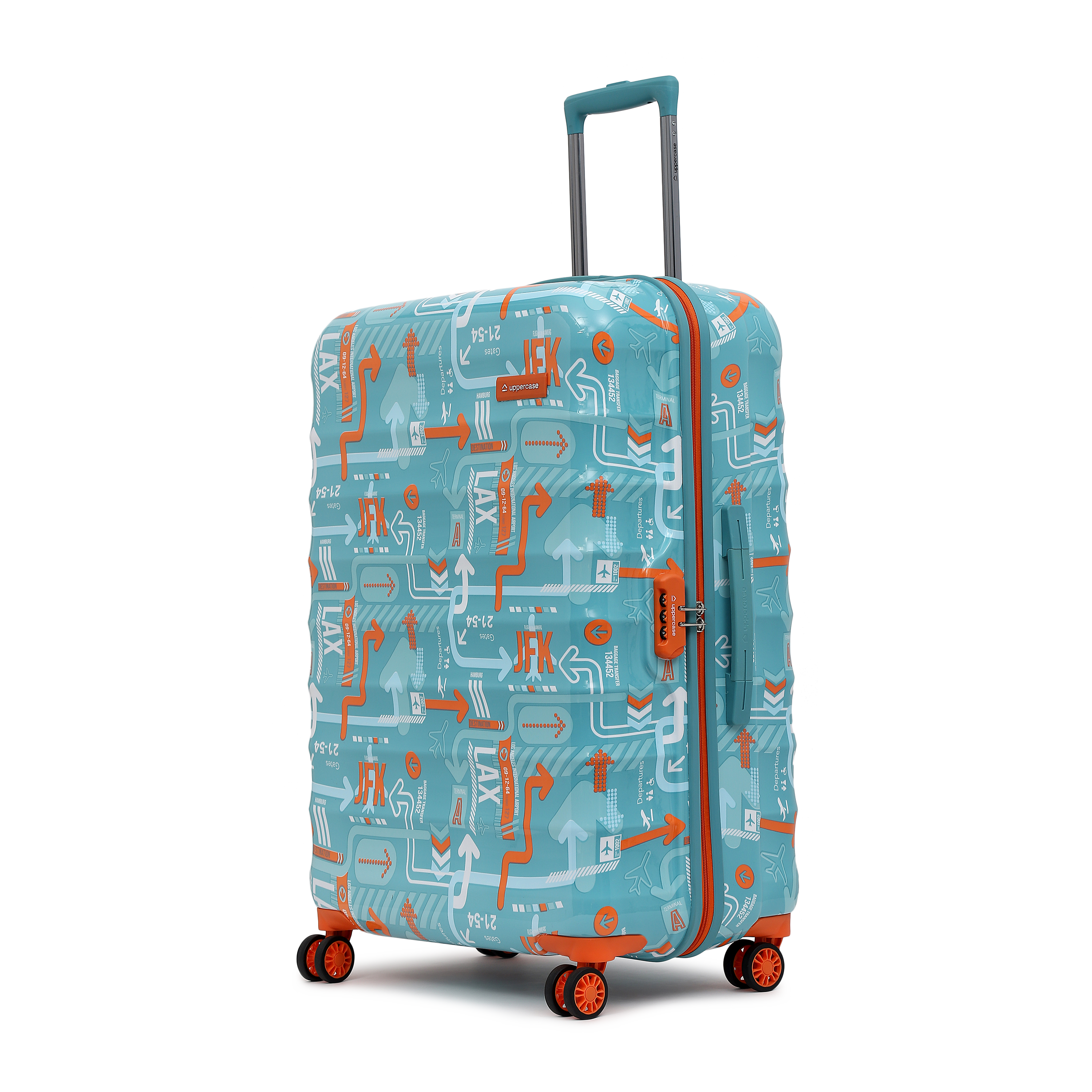 JFK Trolley Bag Set of 3 (S+M+L) | Hardsided Polycarbonate Printed Cabin & Check-in Luggage | Sustainable 8 wheel Trolley Bag | Suitcase for Men & Women | 2000 Days Warranty (Teal Blue)