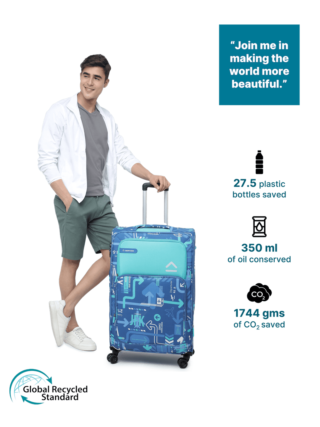 JFK Trolley Bag Set of 3(S+M+L) | Polyester Eco-Soft Printed Luggage | Sustainable Cabin & Check-in Luggage | 8 wheel Luggage | Suitcase for Men & Women (Denim Blue) |2500 Days Warranty