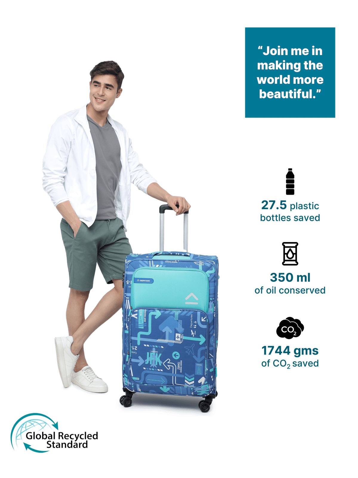 JFK Trolley Bag Set of 3(S+M+L) | Polyester Eco-Soft Printed Luggage | Sustainable Cabin & Check-in Luggage | 8 wheel Luggage | Suitcase for Men & Women (Denim Blue) |2500 Days Warranty