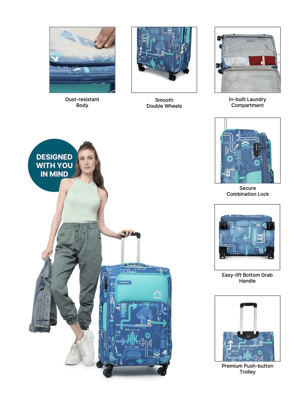 JFK Trolley Bag Set of 3(S+M+L) | Polyester Eco-Soft Printed Luggage | Sustainable Cabin & Check-in Luggage | 8 wheel Luggage | Suitcase for Men & Women (Denim Blue) |2500 Days Warranty