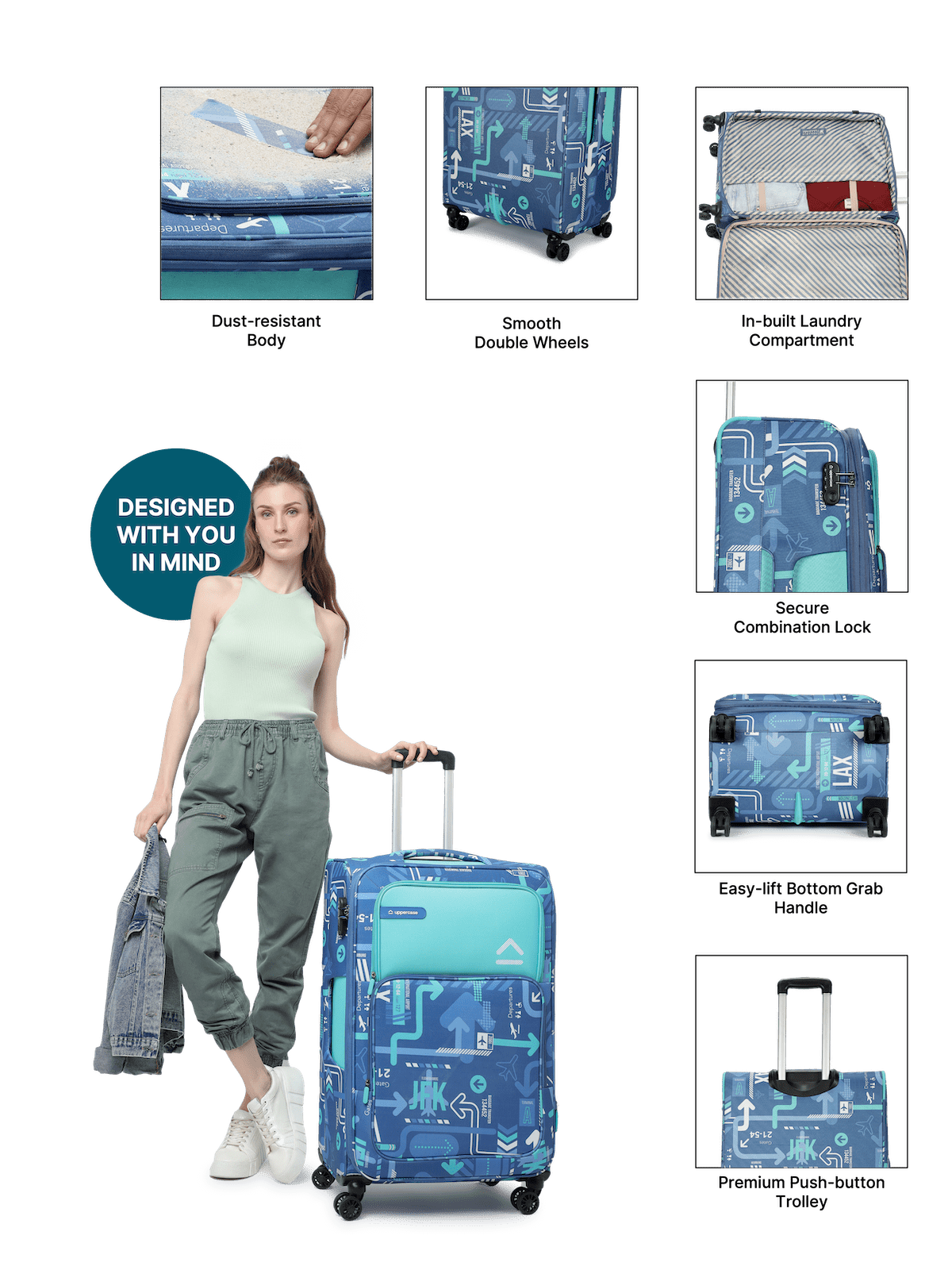 JFK Trolley Bag Set of 3(S+M+L) | Polyester Eco-Soft Printed Luggage | Sustainable Cabin & Check-in Luggage | 8 wheel Luggage | Suitcase for Men & Women (Denim Blue) |2500 Days Warranty