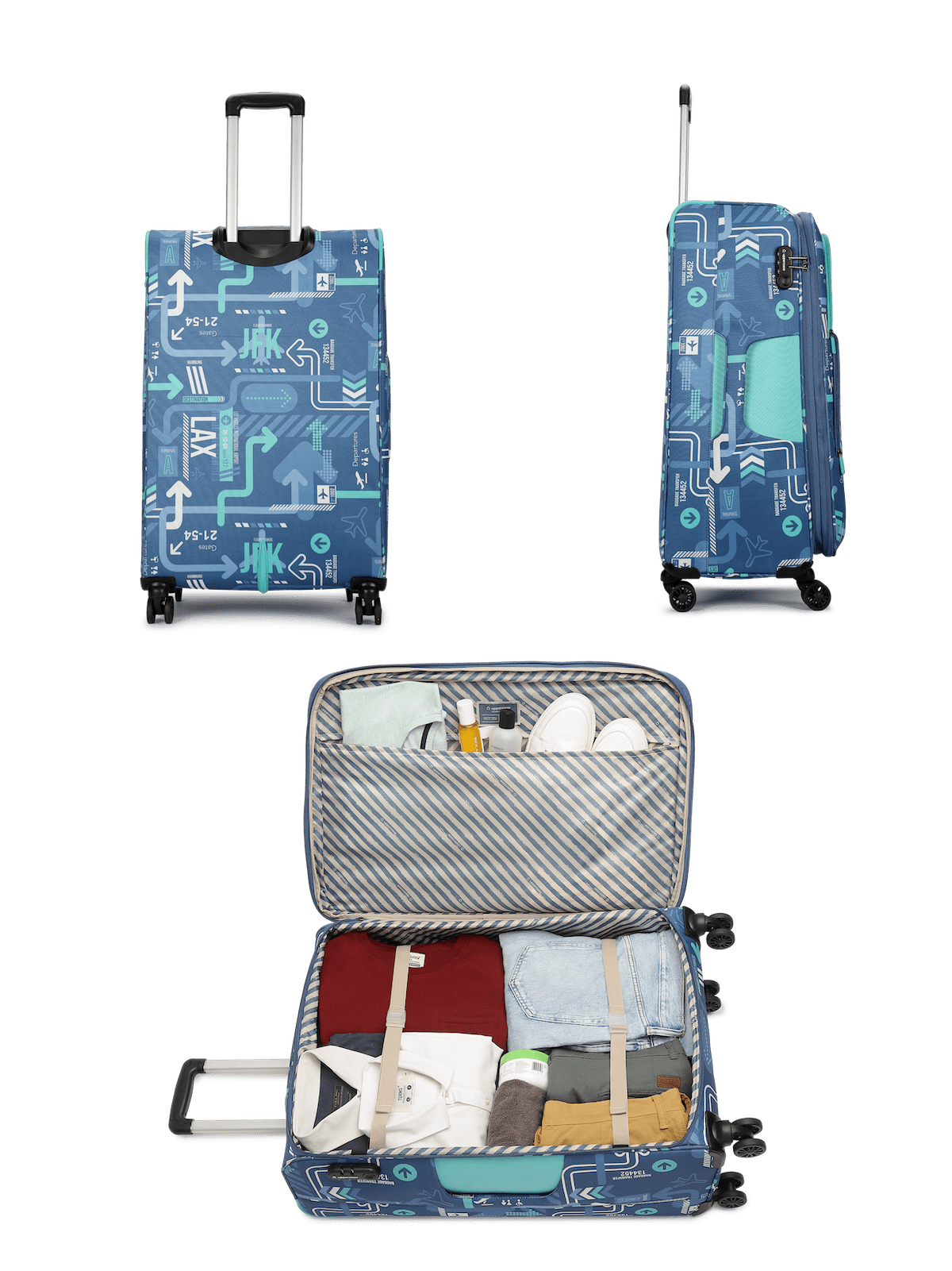JFK Trolley Bag Set of 3(S+M+L) | Polyester Eco-Soft Printed Luggage | Sustainable Cabin & Check-in Luggage | 8 wheel Luggage | Suitcase for Men & Women (Denim Blue) |2500 Days Warranty