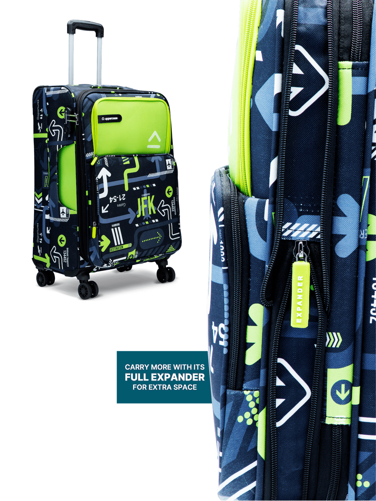 JFK Trolley Bag Set of 3 (S+M+L) | Polyester Eco-Soft Printed Luggage | Sustainable Cabin & Check-in Luggage | 8 wheel Luggage | Suitcase for Men & Women (Green) | 2500 Days Warranty