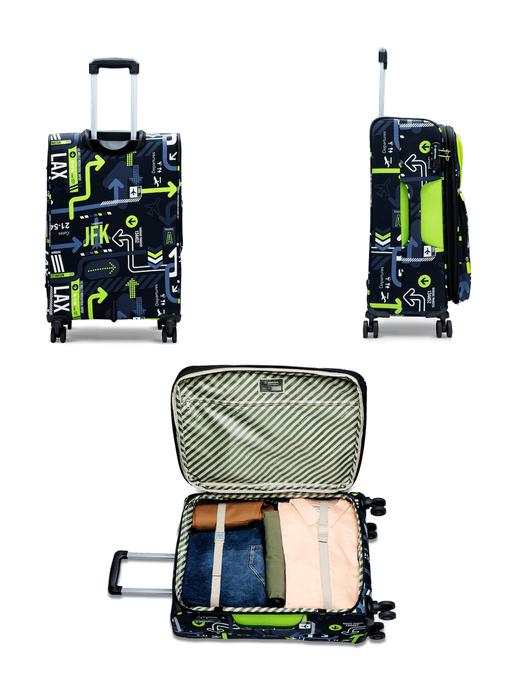 JFK Trolley Bag Set of 3 (S+M+L) | Polyester Eco-Soft Printed Luggage | Sustainable Cabin & Check-in Luggage | 8 wheel Luggage | Suitcase for Men & Women (Green) | 2500 Days Warranty