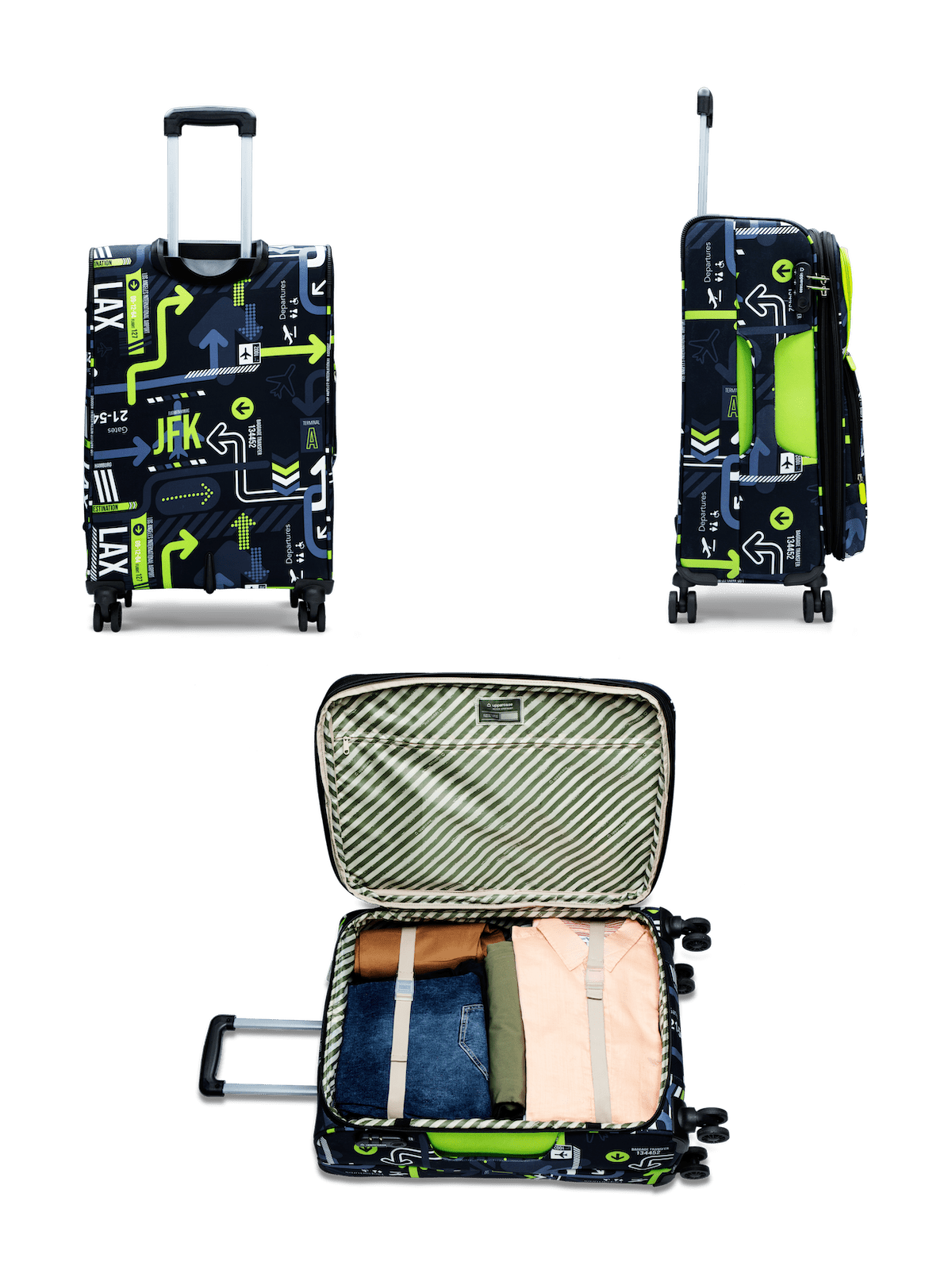 JFK Trolley Bag Set of 3 (S+M+L) | Polyester Eco-Soft Printed Luggage | Sustainable Cabin & Check-in Luggage | 8 wheel Luggage | Suitcase for Men & Women (Green) | 2500 Days Warranty