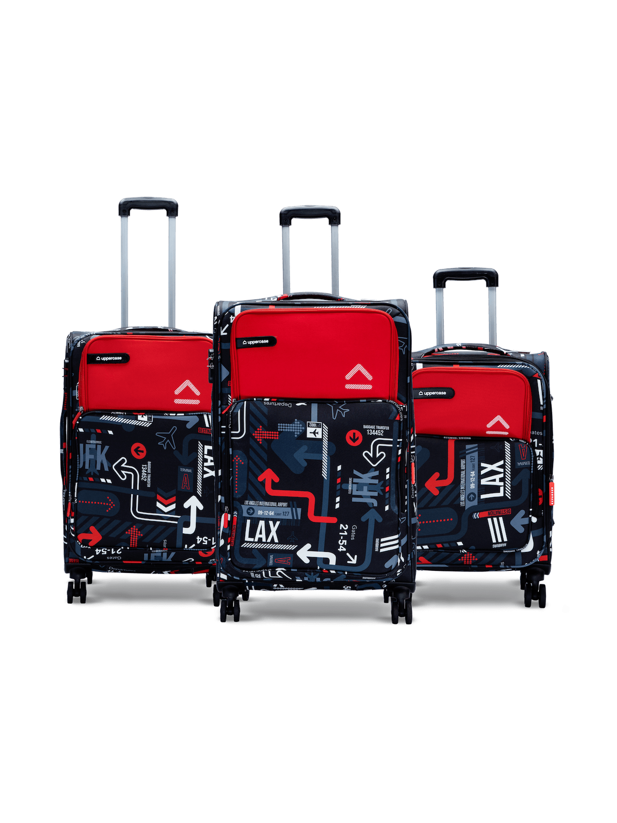 JFK Trolley Bag Set of 3 (S+M+L) | Polyester Eco-Soft Printed Luggage | Sustainable Cabin & Check-in Luggage | 8 wheel Luggage | Suitcase for Men & Women (Red) | 2500 Days Warranty