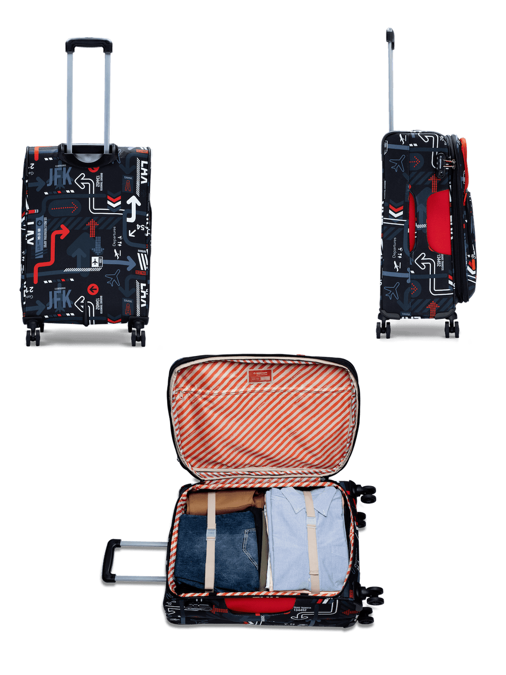JFK Trolley Bag Set of 3 (S+M+L) | Polyester Eco-Soft Printed Luggage | Sustainable Cabin & Check-in Luggage | 8 wheel Luggage | Suitcase for Men & Women (Red) | 2500 Days Warranty