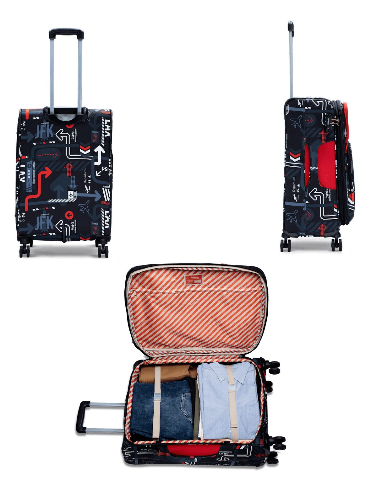 JFK Trolley Bag Set of 3 (S+M+L) | Polyester Eco-Soft Printed Luggage | Sustainable Cabin & Check-in Luggage | 8 wheel Luggage | Suitcase for Men & Women (Red) | 2500 Days Warranty