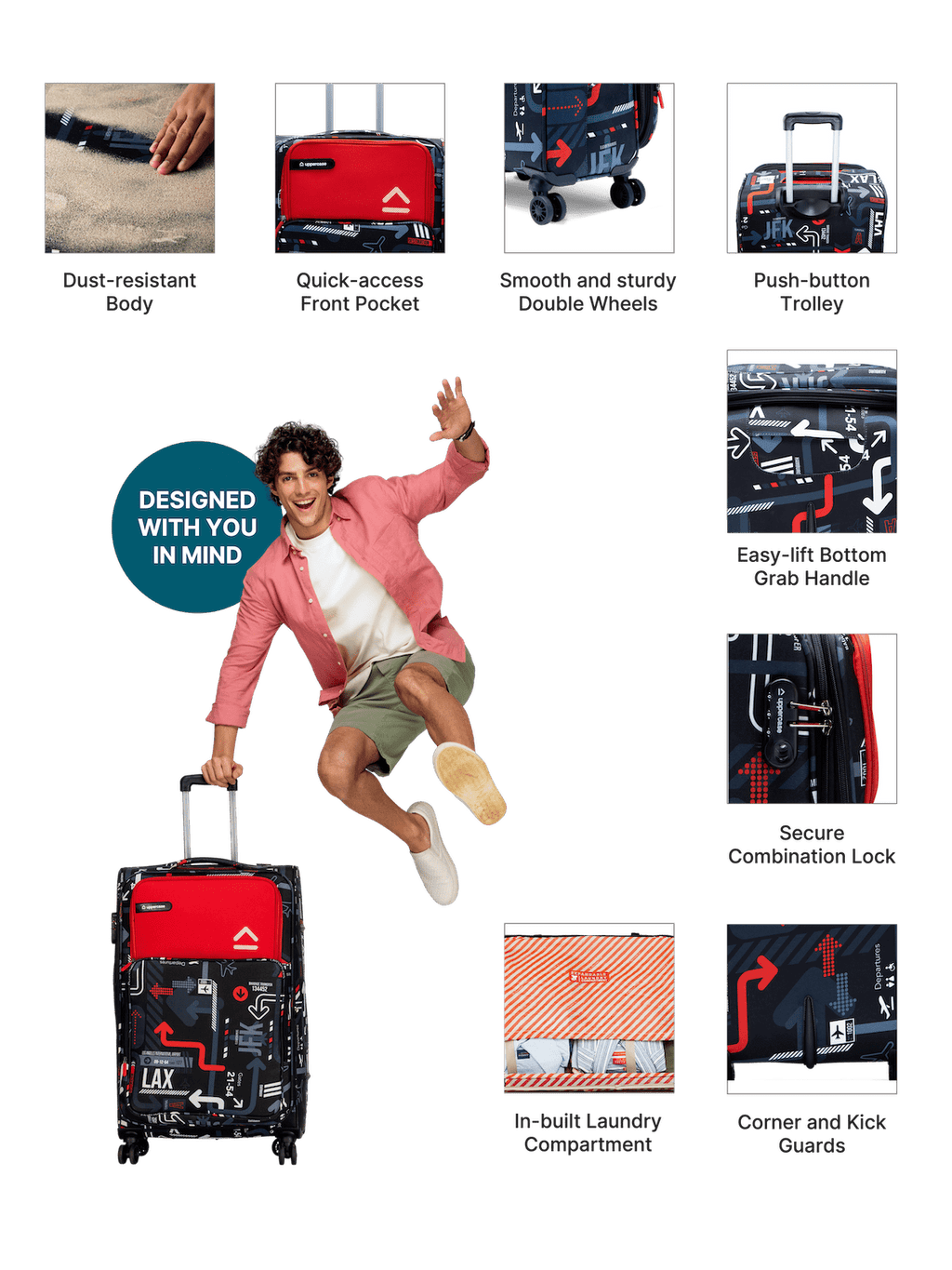 JFK Trolley Bag Set of 3 (S+M+L) | Polyester Eco-Soft Printed Luggage | Sustainable Cabin & Check-in Luggage | 8 wheel Luggage | Suitcase for Men & Women (Red) | 2500 Days Warranty