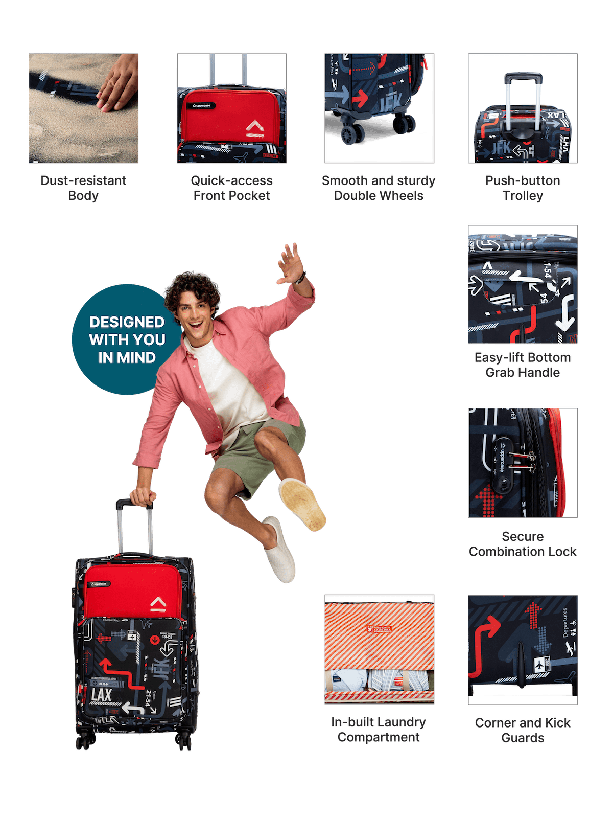 JFK Trolley Bag Set of 3 (S+M+L) | Polyester Eco-Soft Printed Luggage | Sustainable Cabin & Check-in Luggage | 8 wheel Luggage | Suitcase for Men & Women (Red) | 2500 Days Warranty