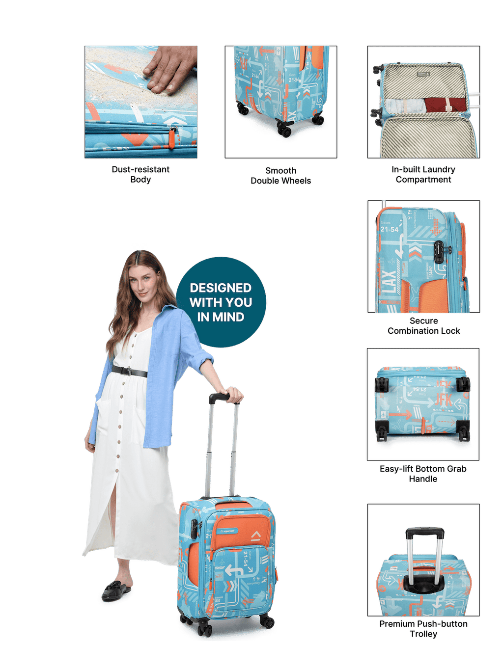 JFK Trolley Bag Set of 3 (S+M+L) | Polyester Eco-Soft Printed Luggage | Sustainable Cabin & Check-in Luggage | 8 wheel Luggage | Suitcase for Men & Women (Teal Blue) |2500 Days Warranty