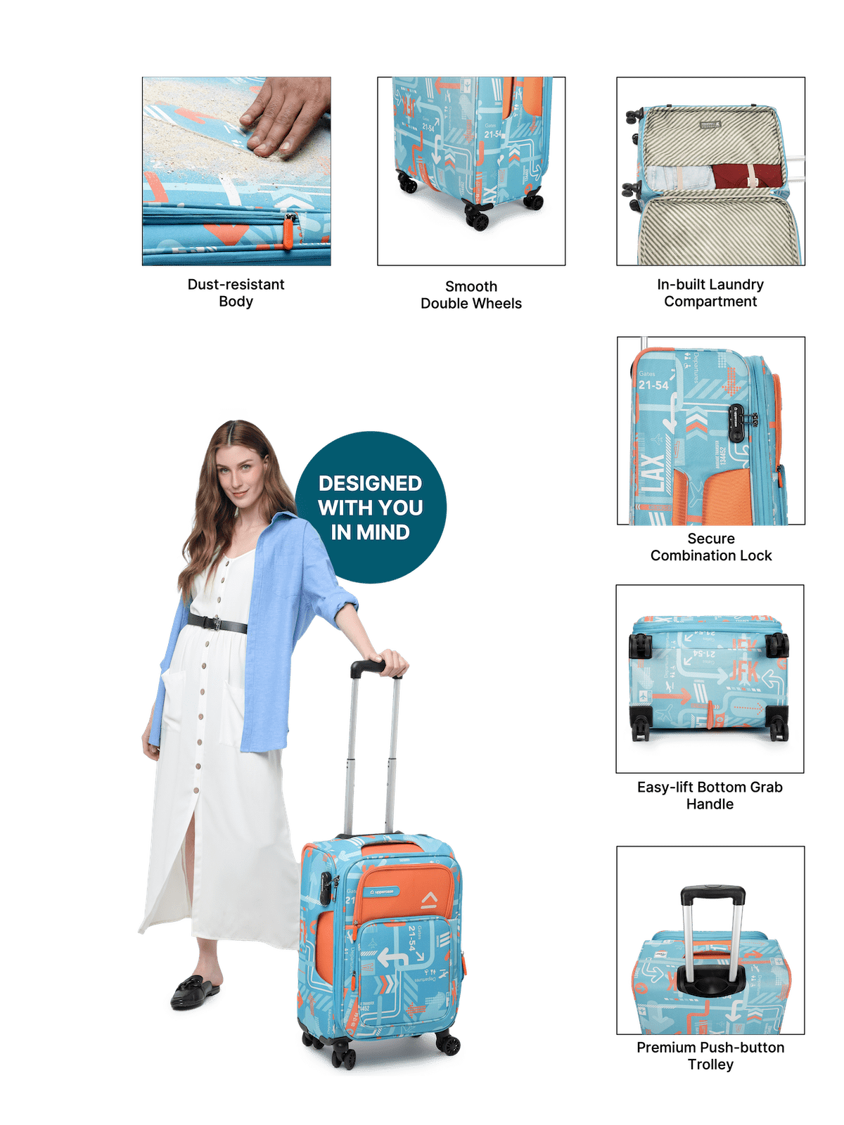 JFK Trolley Bag Set of 3 (S+M+L) | Polyester Eco-Soft Printed Luggage | Sustainable Cabin & Check-in Luggage | 8 wheel Luggage | Suitcase for Men & Women (Teal Blue) |2500 Days Warranty