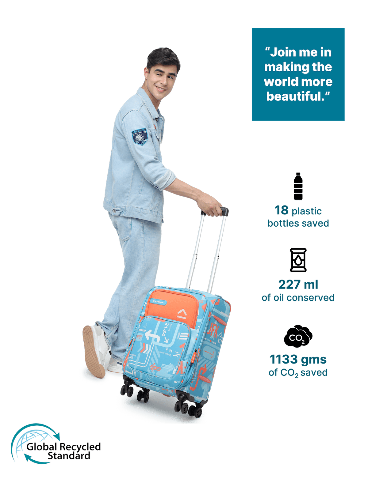 JFK Trolley Bag Set of 3 (S+M+L) | Polyester Eco-Soft Printed Luggage | Sustainable Cabin & Check-in Luggage | 8 wheel Luggage | Suitcase for Men & Women (Teal Blue) |2500 Days Warranty