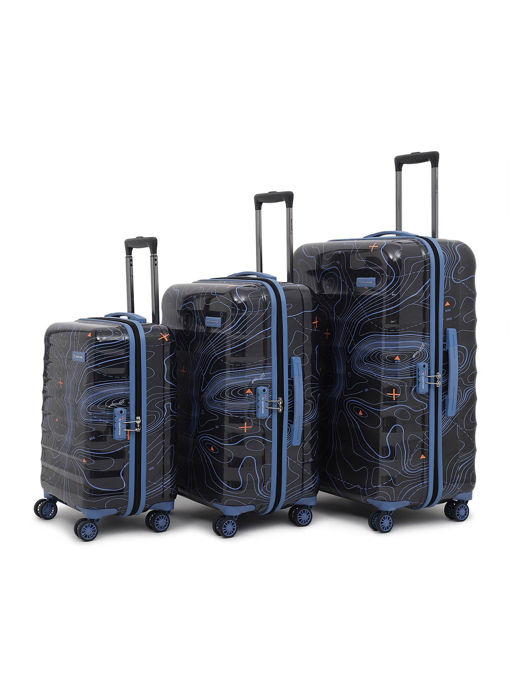 Topo Trolley Bag Set of 3 (S+M+L) | Hardsided Polycarbonate Printed Luggage | TSA Lock & Anti-Theft Zippers | Cabin & Check-in Luggage for Men & Women | 2000 Days Warranty (Black)