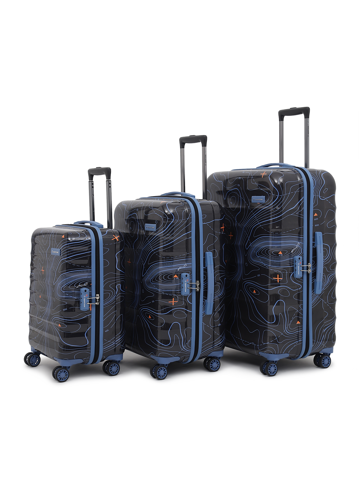 Topo Trolley Bag Set of 3 (S+M+L) | Hardsided Polycarbonate Printed Luggage | TSA Lock & Anti-Theft Zippers | Cabin & Check-in Luggage for Men & Women | 2000 Days Warranty (Black)