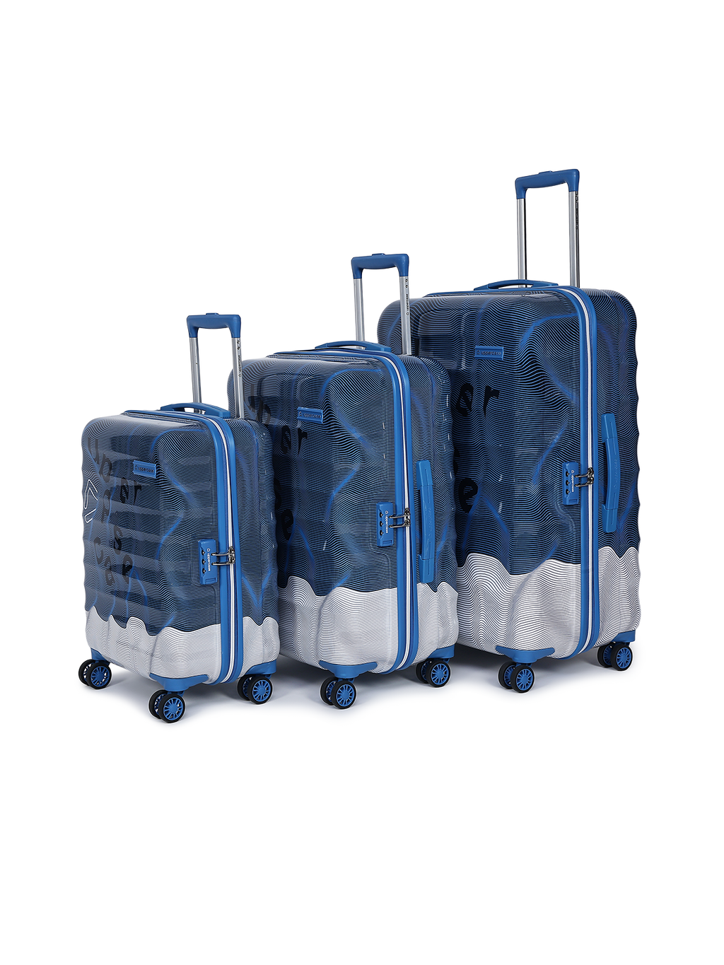 Ripple Trolley Bag Set of 3 (S+M+L) | Cabin & Check-in Trolley Bag | Hardsided Polycarbonate Printed Luggage |Combination Lock | 8 Wheel Suitcase for Men and Women |2000 Days Warranty (Blue)