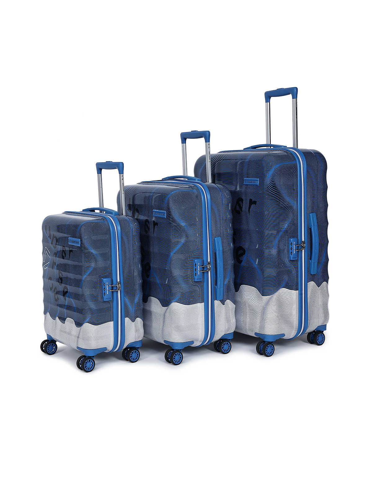 Ripple Trolley Bag Set of 3 (S+M+L) | Cabin & Check-in Trolley Bag | Hardsided Polycarbonate Printed Luggage |Combination Lock | 8 Wheel Suitcase for Men and Women |2000 Days Warranty (Blue)
