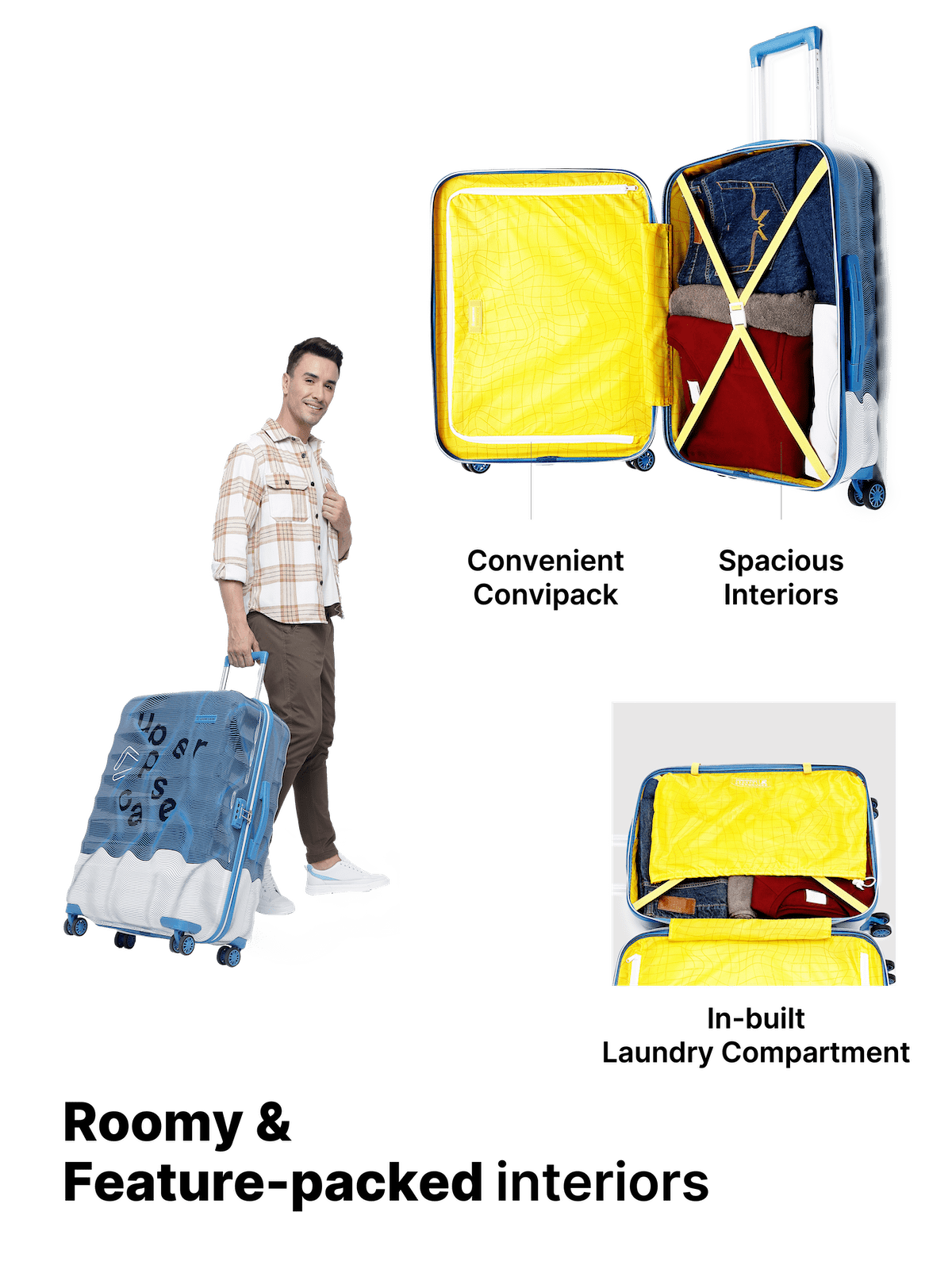 Ripple Trolley Bag Set of 3 (S+M+L) | Cabin & Check-in Trolley Bag | Hardsided Polycarbonate Printed Luggage |Combination Lock | 8 Wheel Suitcase for Men and Women |2000 Days Warranty (Blue)