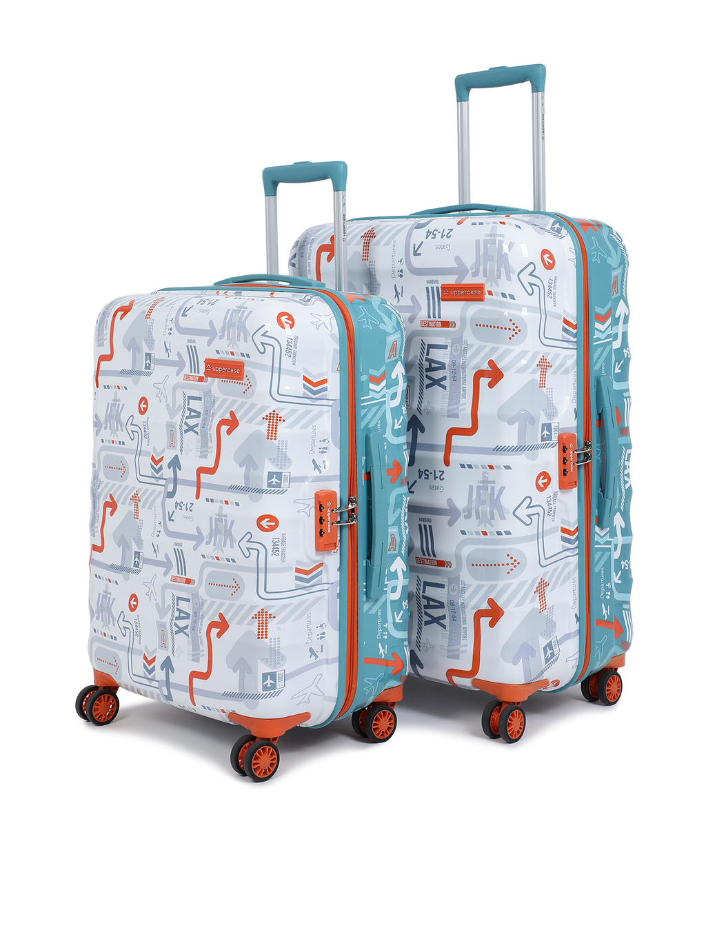 JFK Duo | Trolley Bag Set of 2 (S+M) | Hardsided Printed Luggage | 8 wheel Cabin & Check-in Trolley Bag | Suitcase for Men & Women | 2000 Days Warranty | Dual Tone (White & Teal Blue)