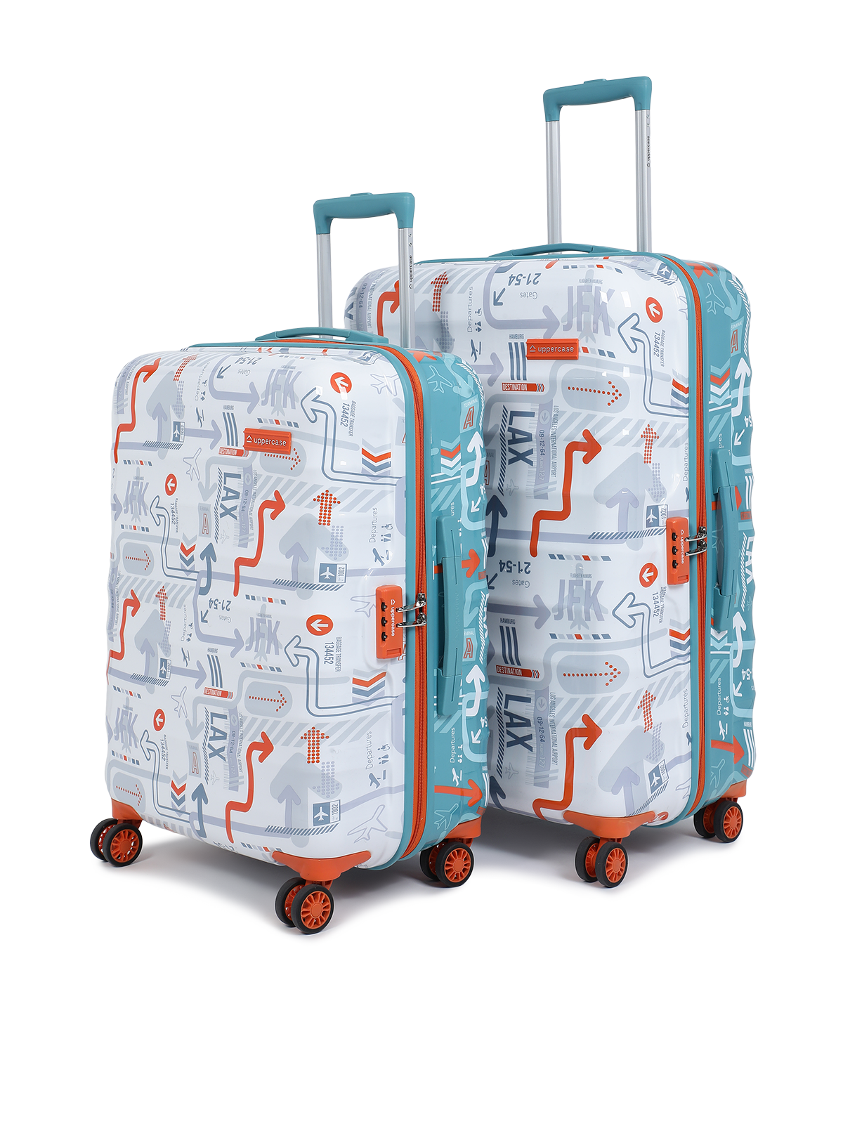 JFK Duo | Trolley Bag Set of 2 (S+M) | Hardsided Printed Luggage | 8 wheel Cabin & Check-in Trolley Bag | Suitcase for Men & Women | 2000 Days Warranty | Dual Tone (White & Teal Blue)