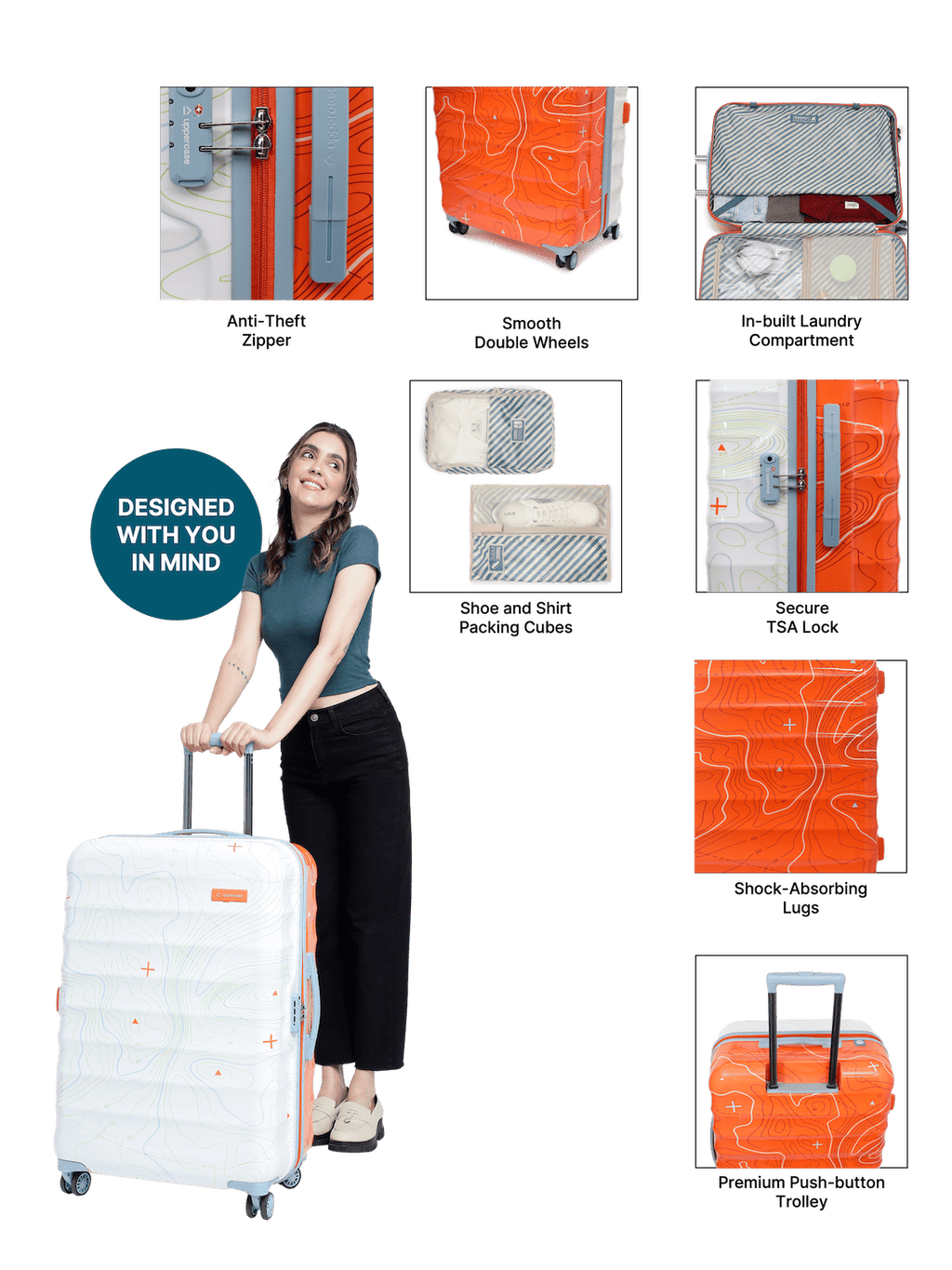 Topo Trolley Bag Set of 3 (S+M+L) | Hardsided Polycarbonate Luggage |TSA Lock & Anti-Theft Zippers | Cabin & Check-in Luggage for Men & Women | 2000 Days Warranty | Dual Tone (Orange&White)
