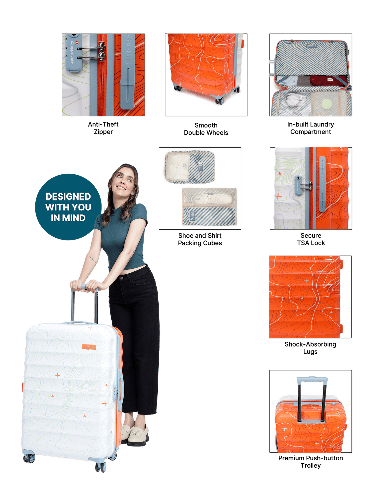 Topo Trolley Bag Set of 3 (S+M+L) | Hardsided Polycarbonate Luggage |TSA Lock & Anti-Theft Zippers | Cabin & Check-in Luggage for Men & Women | 2000 Days Warranty | Dual Tone (Orange&White)